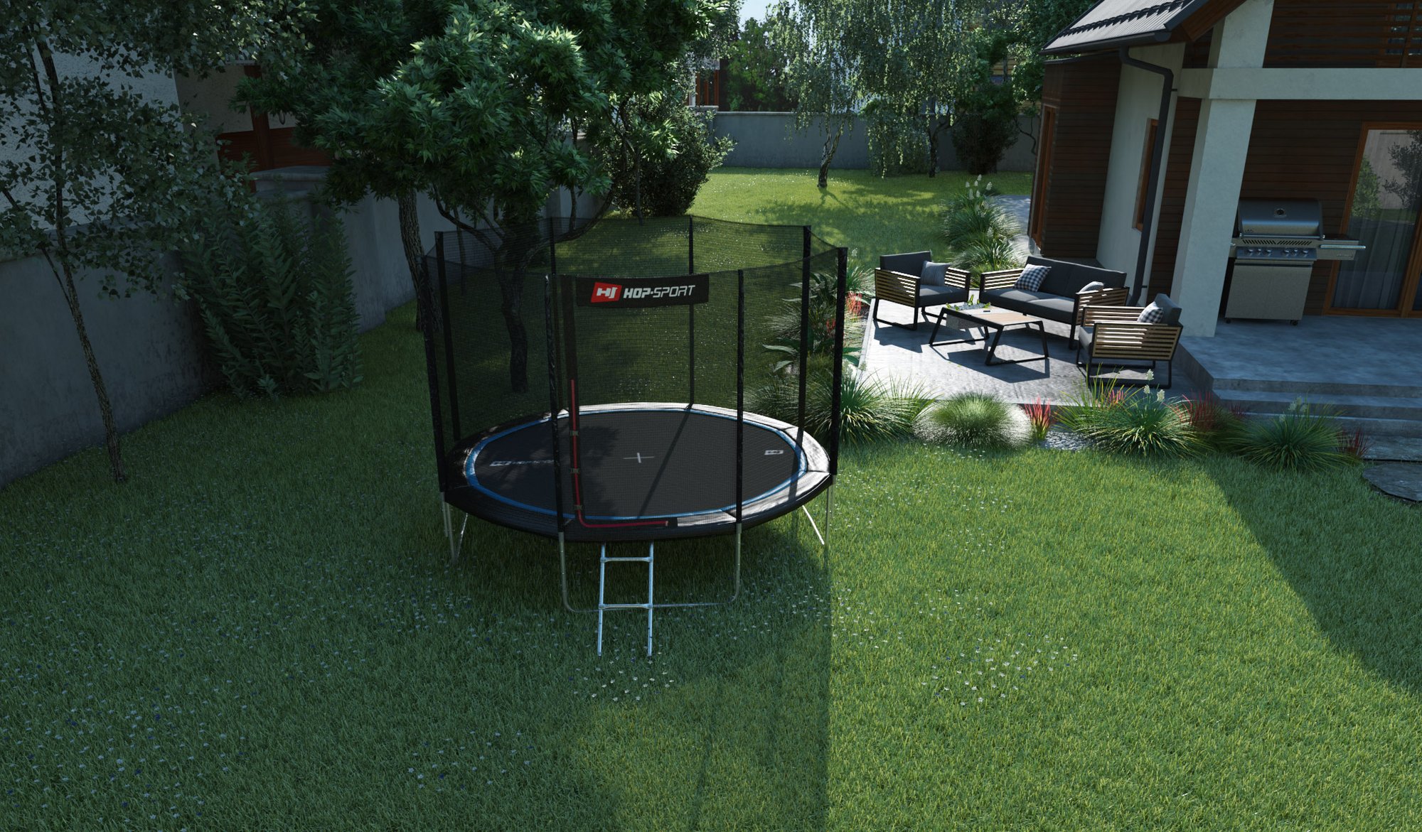 Buitentrampoline 10FT van Hop-Sport in de tuin