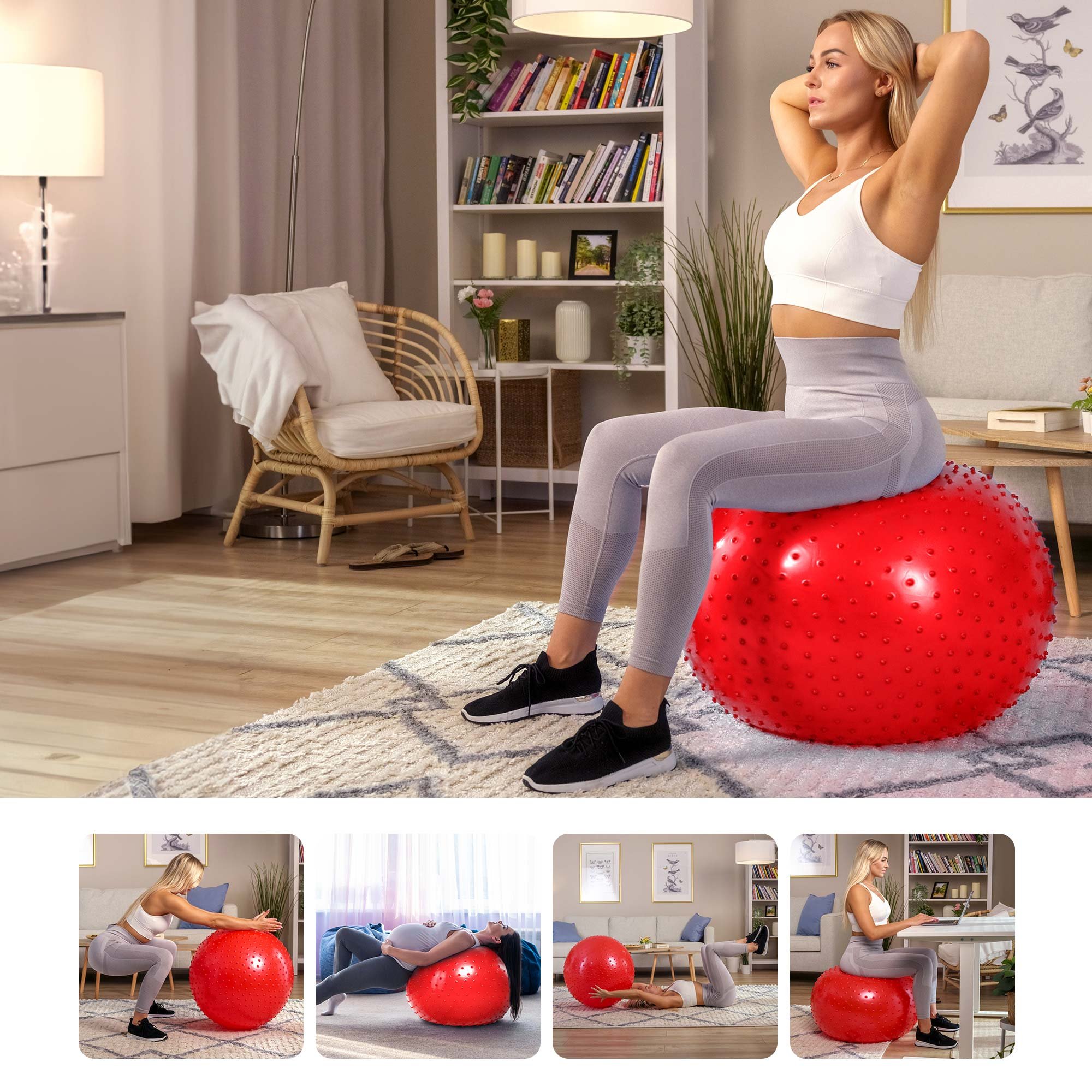 Vrouw oefent met de bal rood