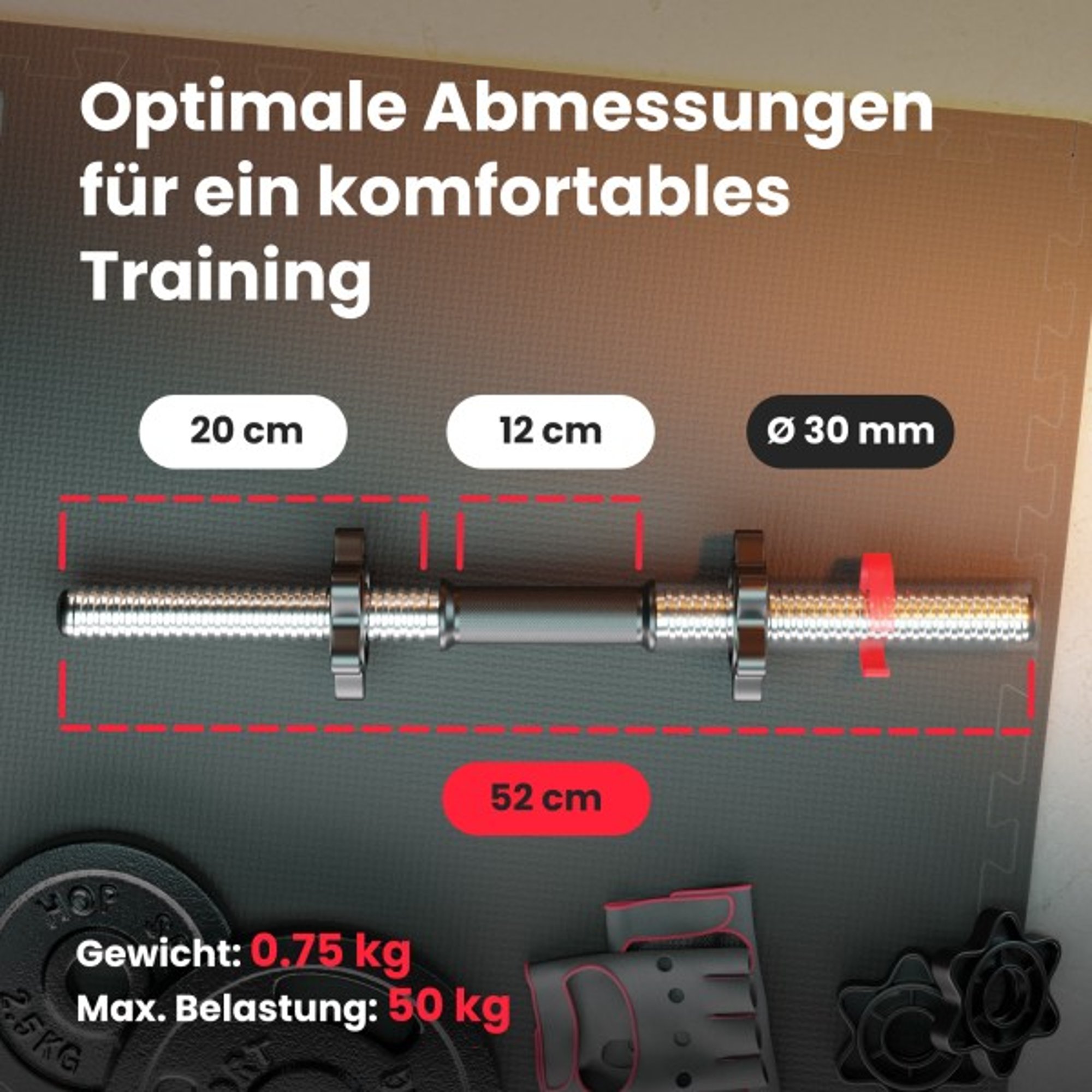 Afmetingen van de korte halterstang 52 cm met gewicht- en belastingsinformatie