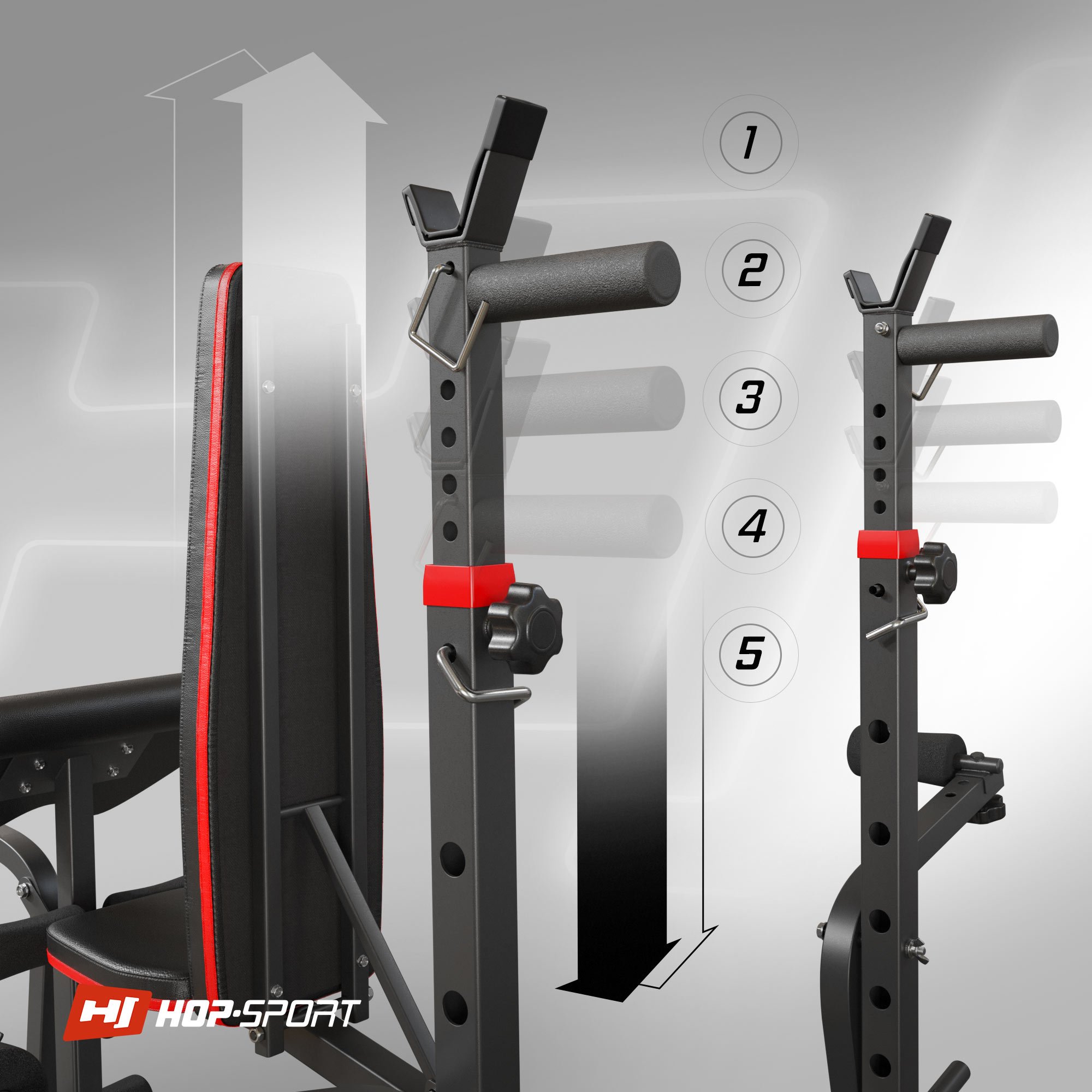 Verstelmogelijkheden van de Halterstandaards HS-1065 met Lat Pulldown Toren