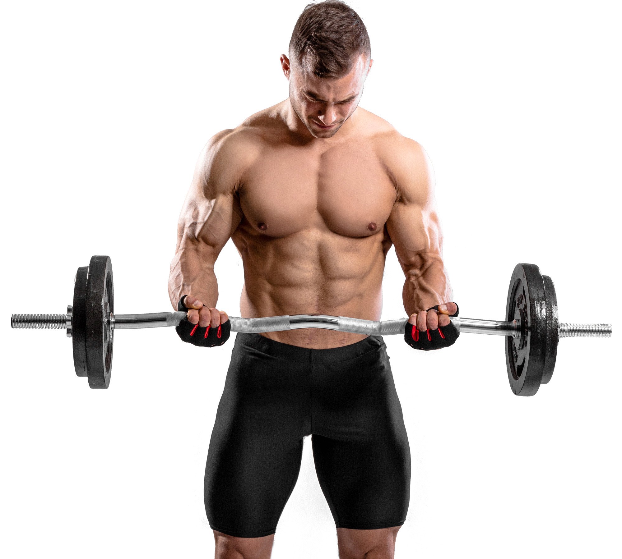 Man traint biceps met SZ-curlstang en gietijzeren halterschijven