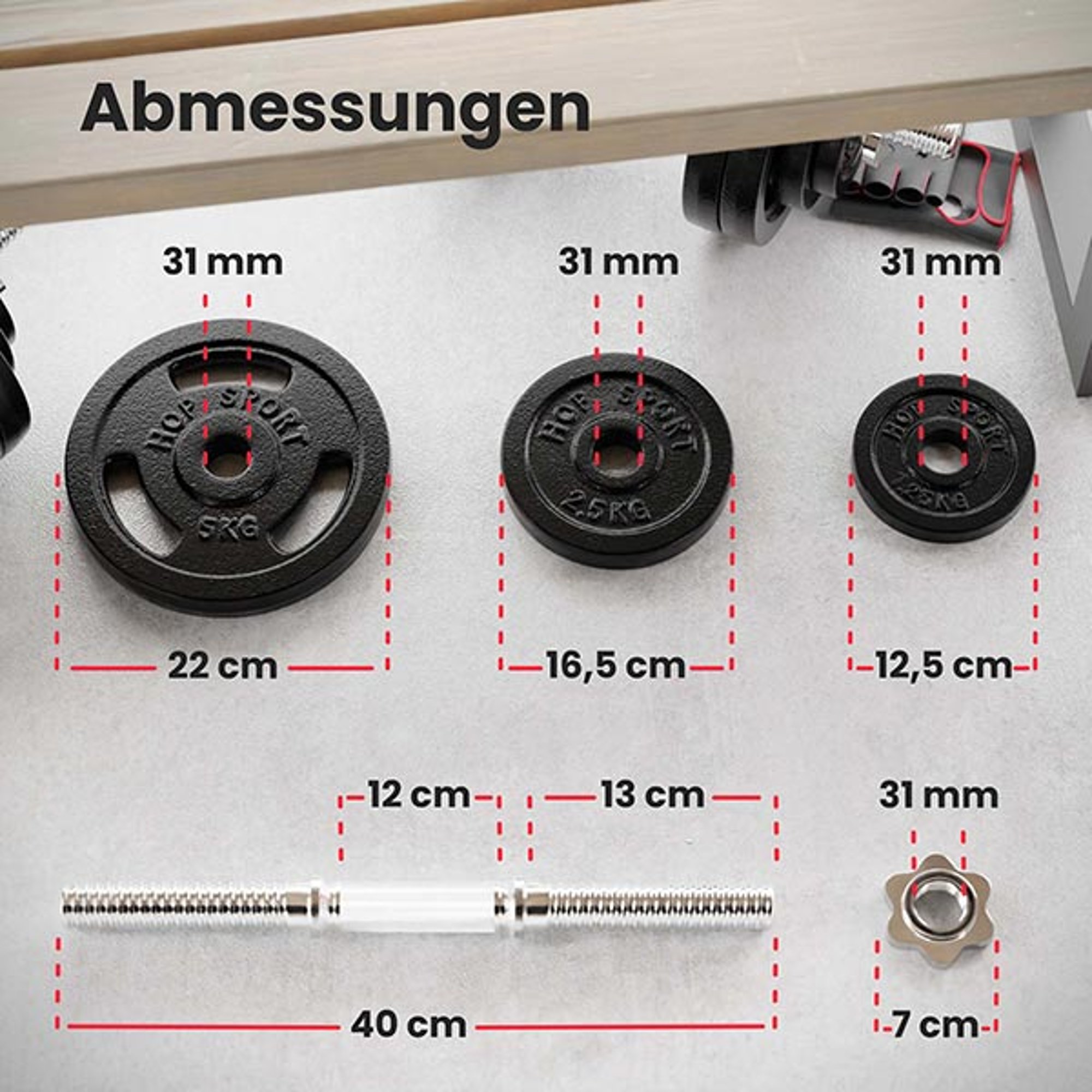 Afmetingen van 3 gewichten, halterstang en sluitingen