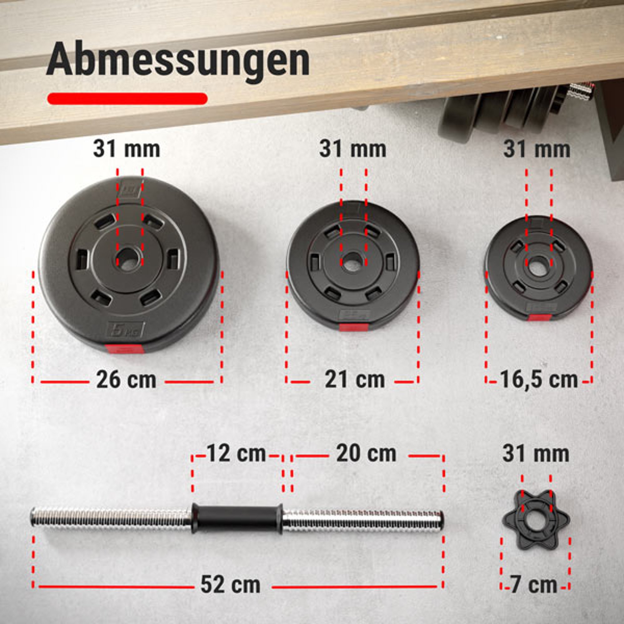 Precieze afmetingen van halterstang en gewichten 2 x 20 kg