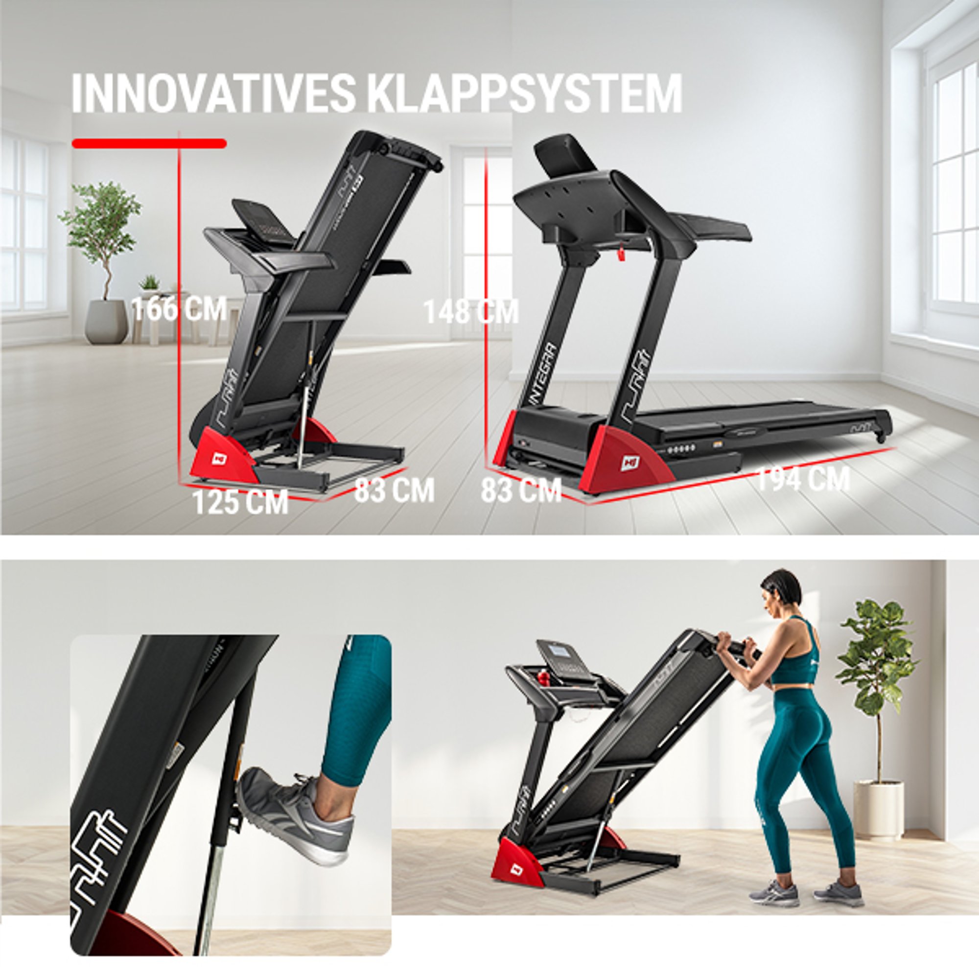 Soft-Drop-systeem voor gemakkelijk op- en inklappen van de loopband HS-2800LB Integra