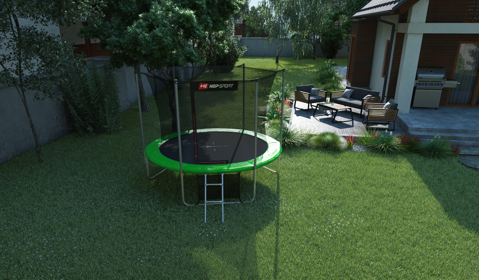 Buitentrampoline 10FT van Hop-Sport in de tuin