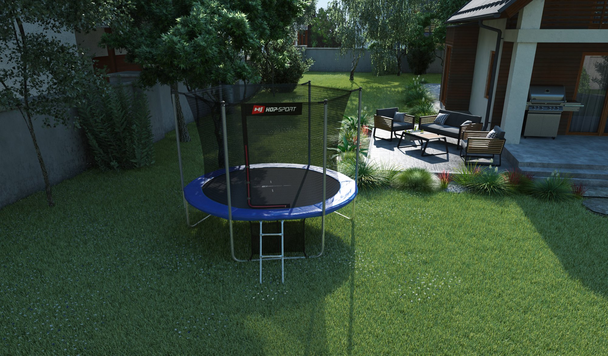 Buitentrampoline 10FT van Hop-Sport in de tuin