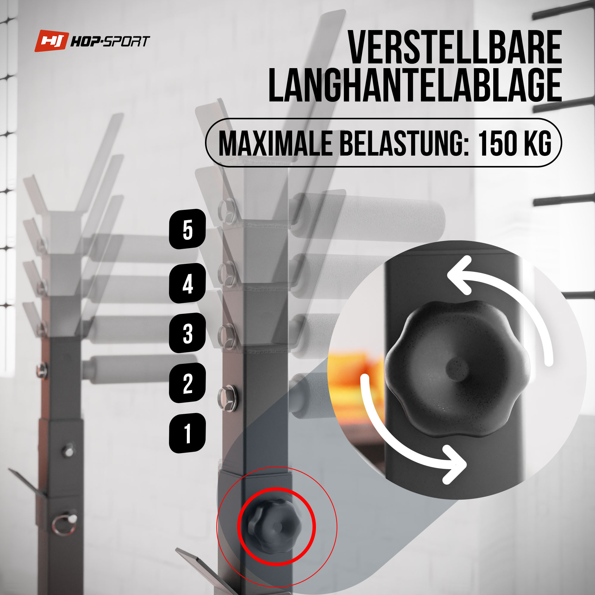 In hoogte verstelbare lange haltersteun bij de Halterbank HS-1080