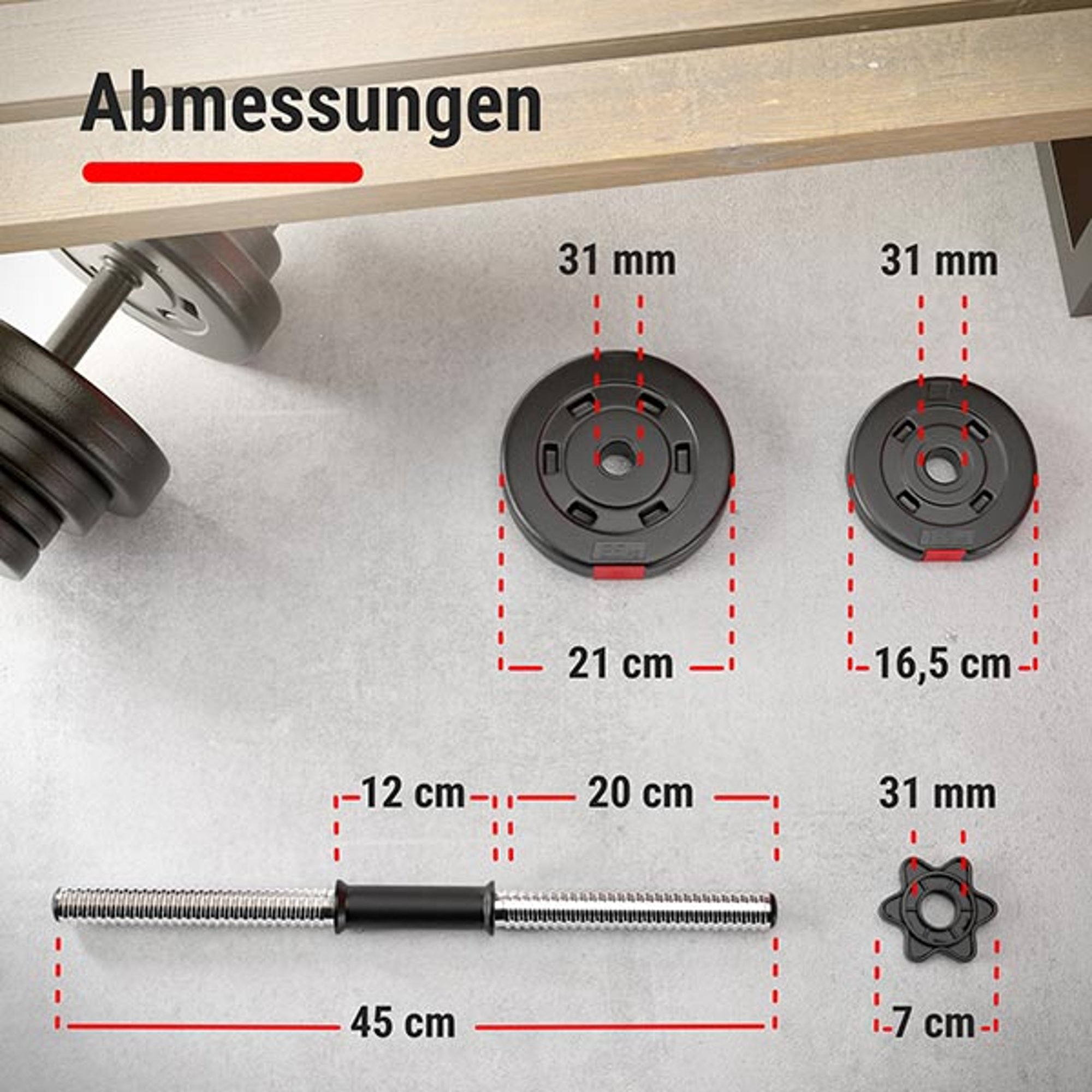Precieze afmetingen van halterstang en gewichten