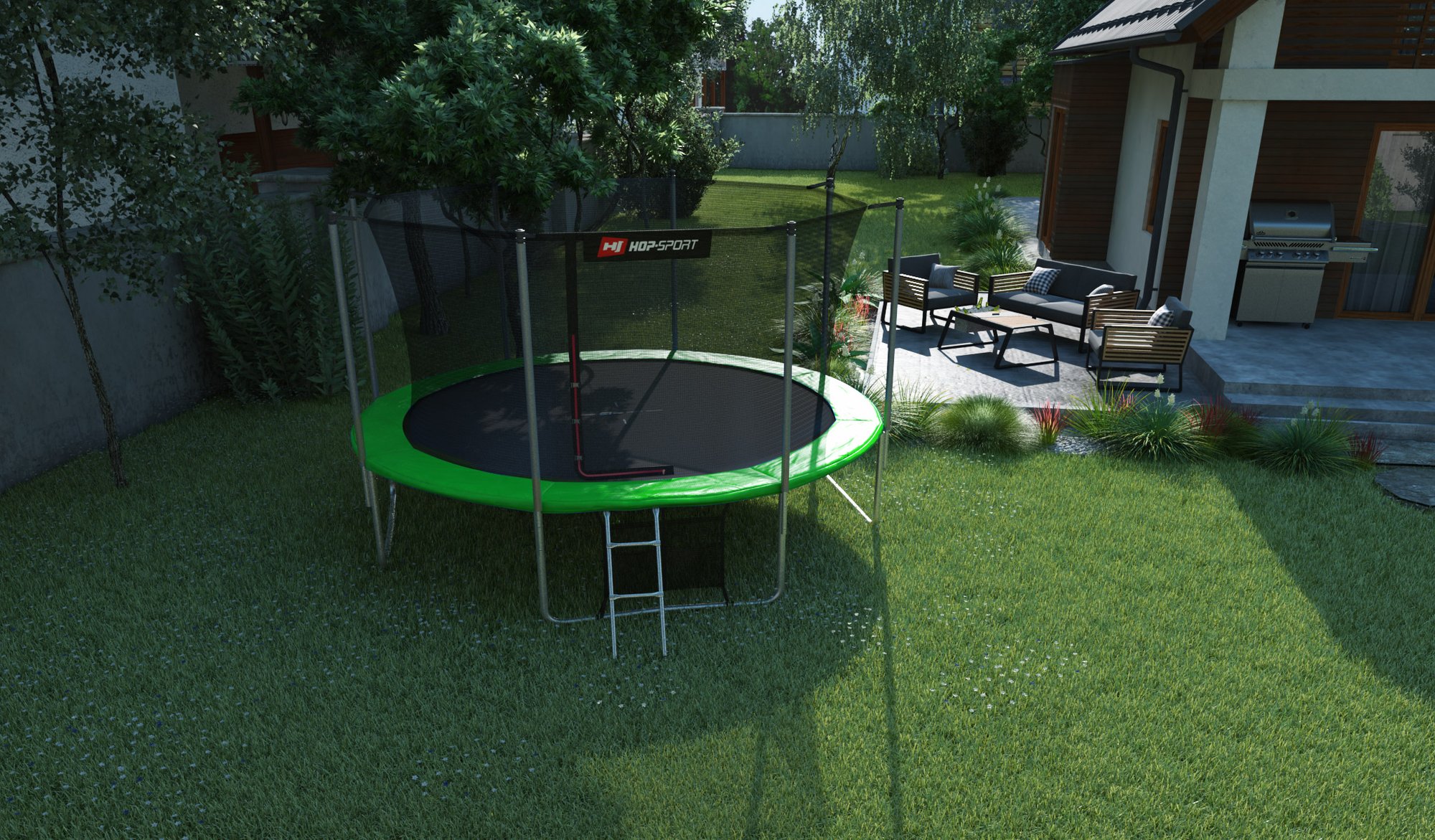 Buitentrampoline 14 FT van Hop-Sport in de tuin