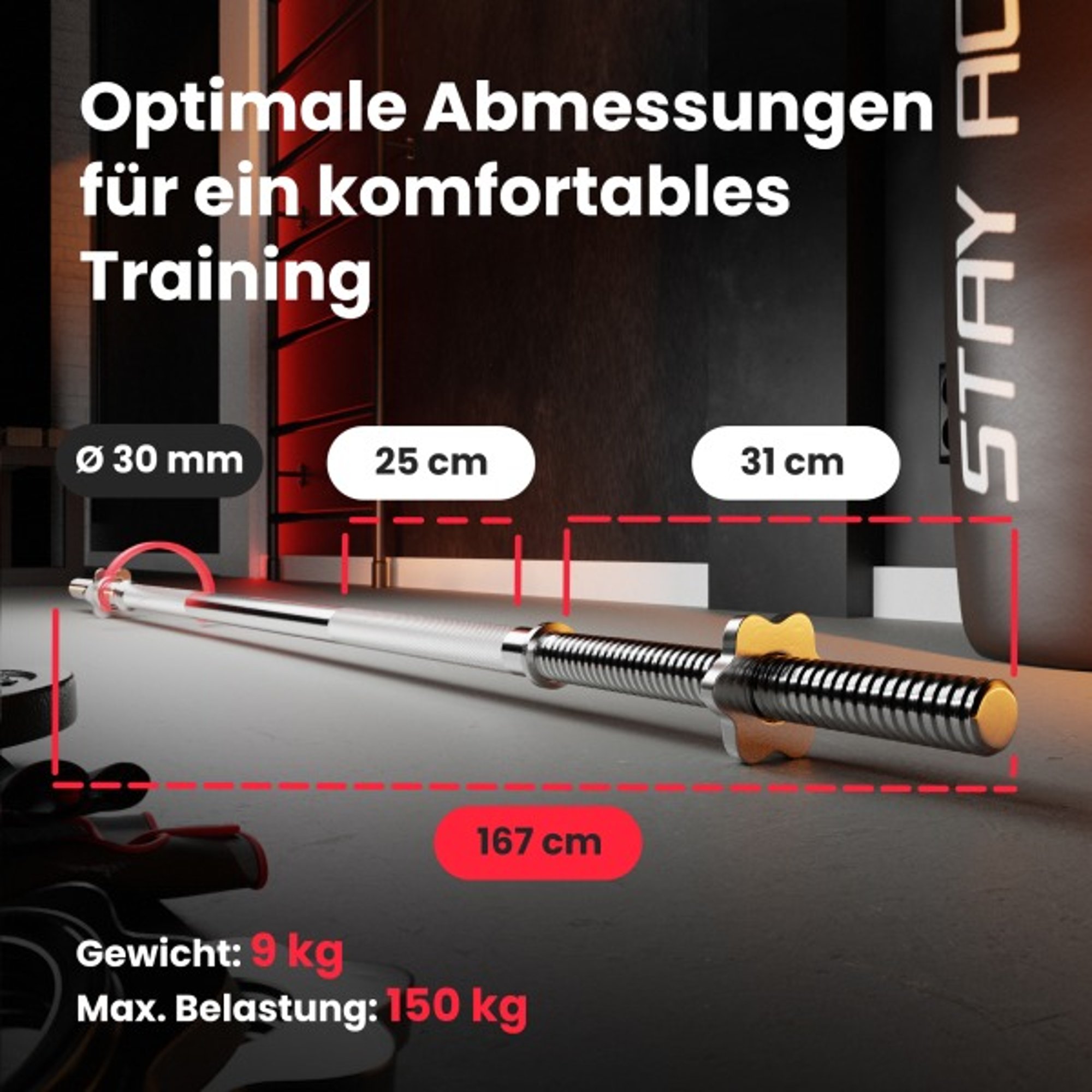 Afmetingen van de lange halterstang 167 cm met gewicht- en belastingsgegevens
