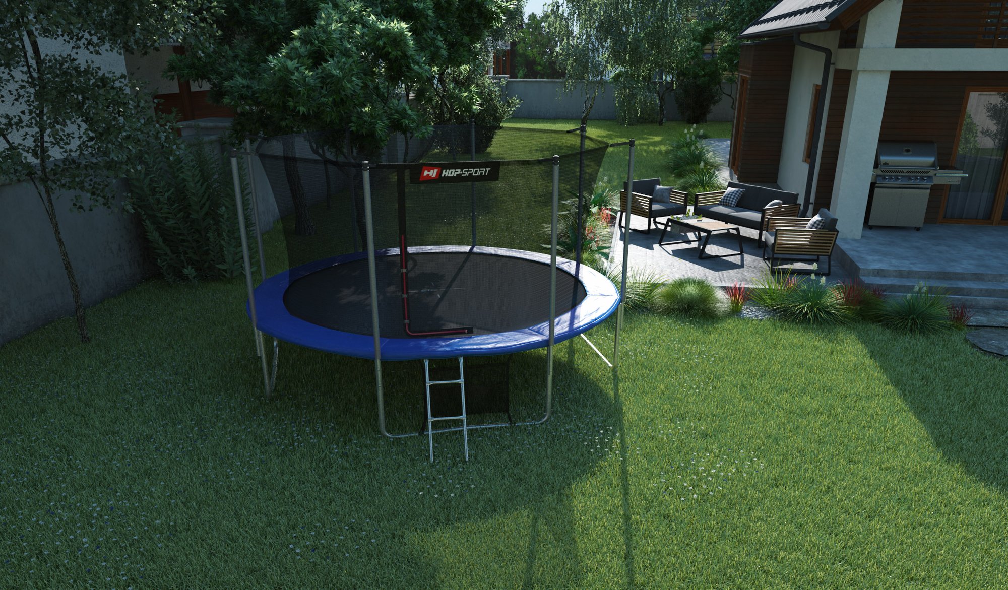 Buitentrampoline 14 FT van Hop-Sport in de tuin