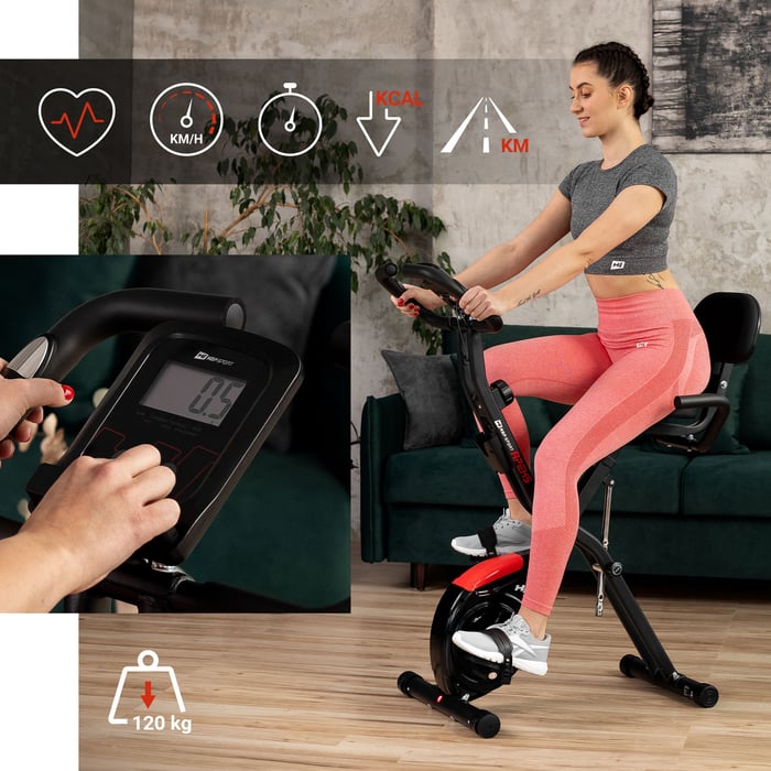 Vrouw traint op opvouwbare X-Bike HS-3030X Apeks met LCD-scherm en rugleuning.