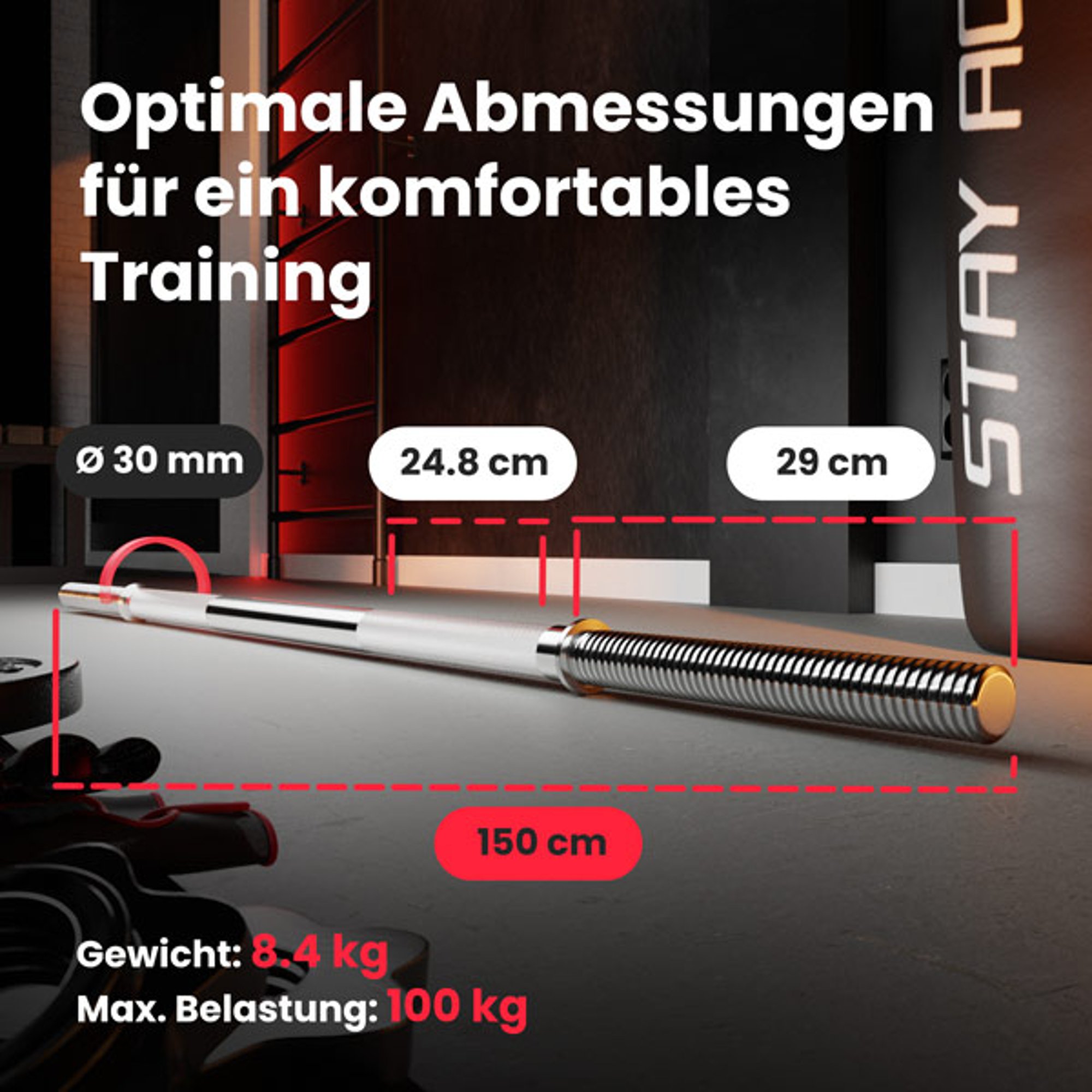 Afmetingen halterstang 150 cm met gewicht- en belastingsinformatie