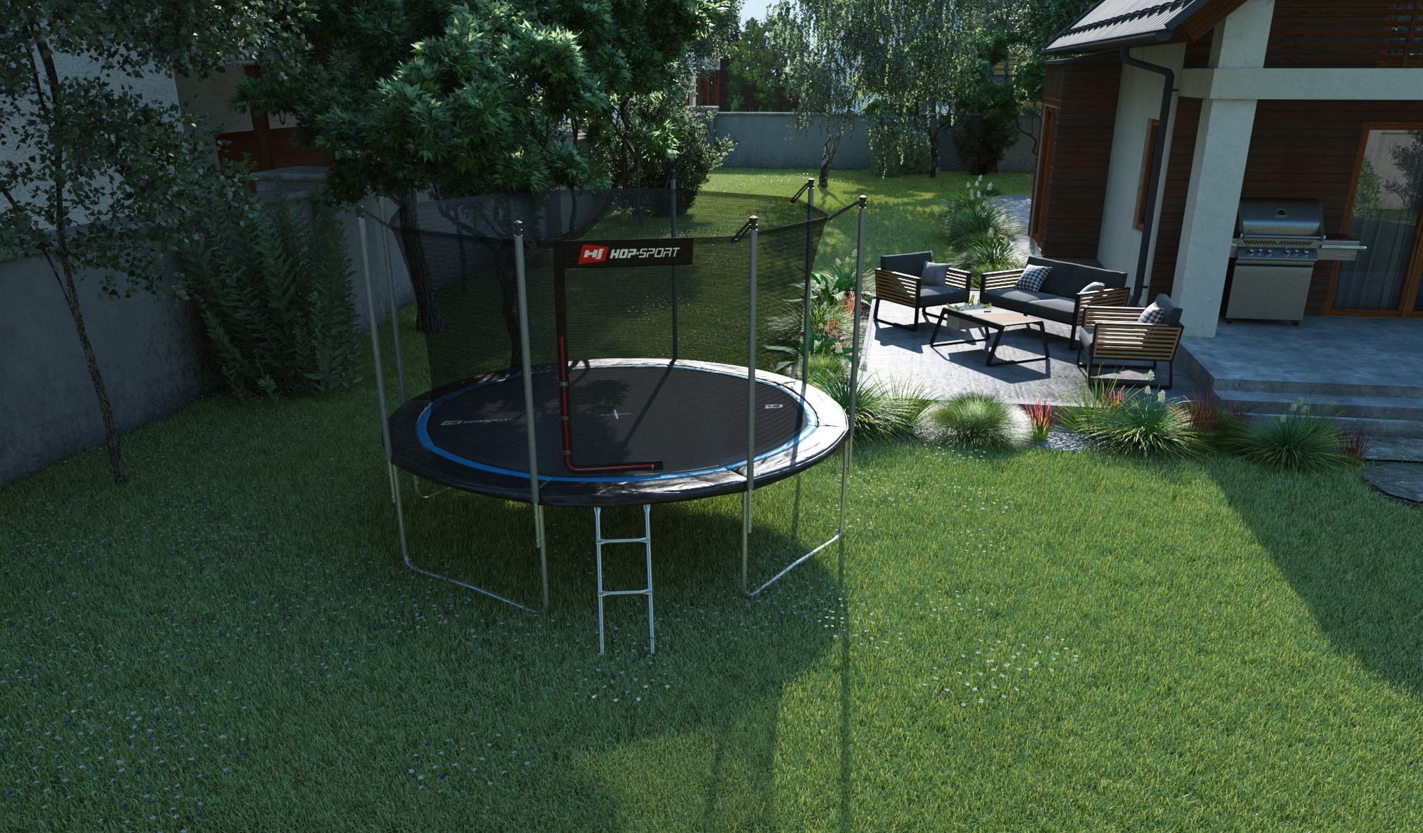 Buitentrampoline 12FT van Hop-Sport in de tuin