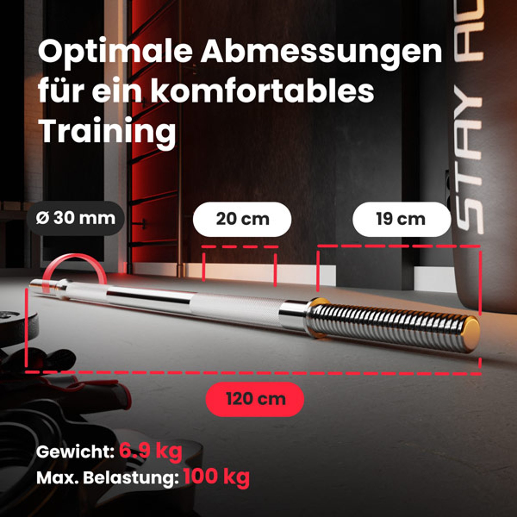 Afmetingen halterstang 120 cm met gewicht- en belastingsinformatie