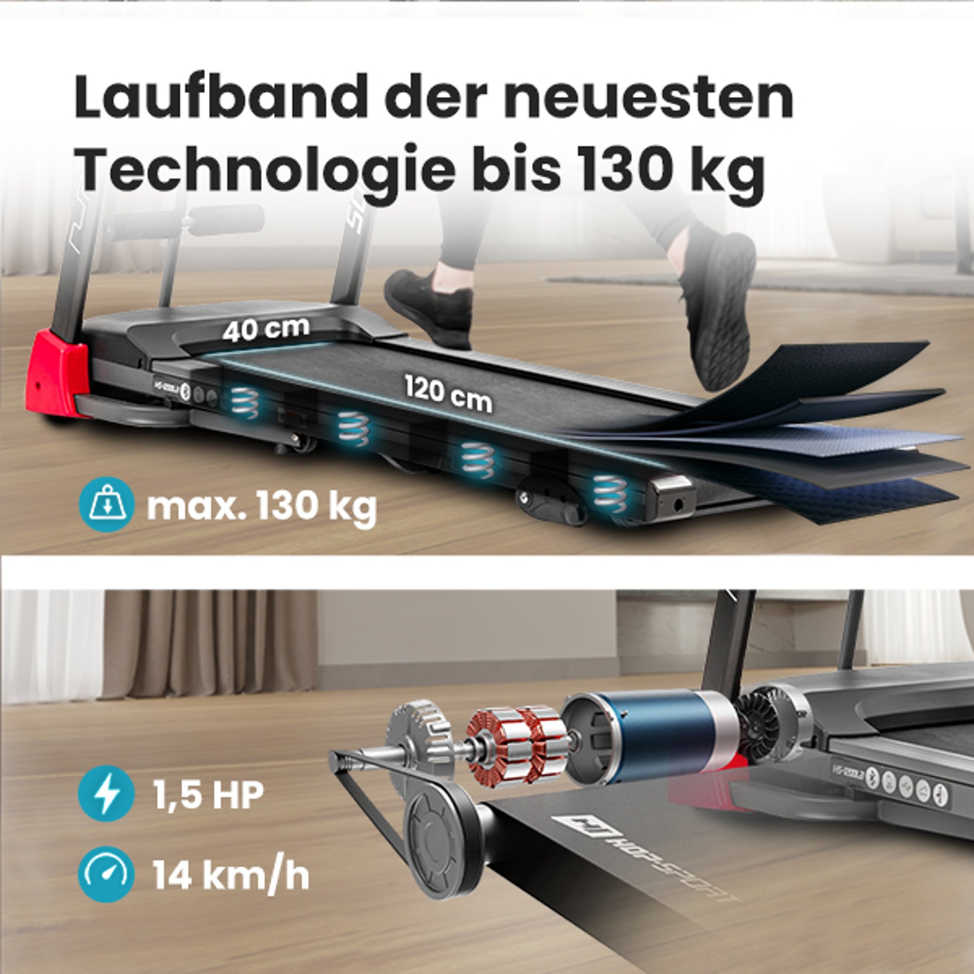 De belangrijkste technische gegevens van de loopband 900LB Clip zoals 1,5 pk sterke gelijkstroommotor, maximale belasting 130 kg, dempingssysteem