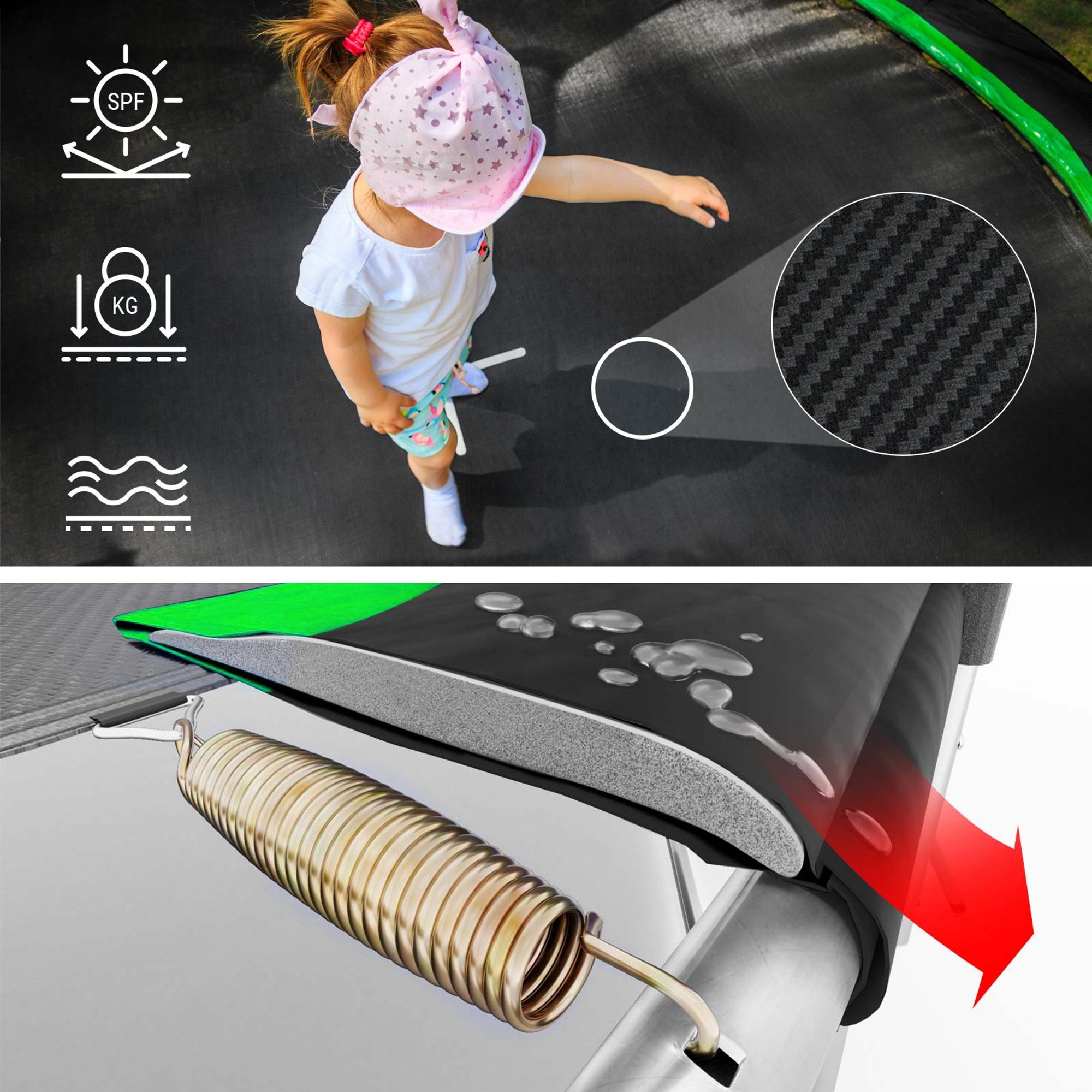 Pompoenvormige constructie van de trampoline zorgt dankzij de afstanden tussen de stangen en het veiligheidsnet voor veiligheid tijdens het springen