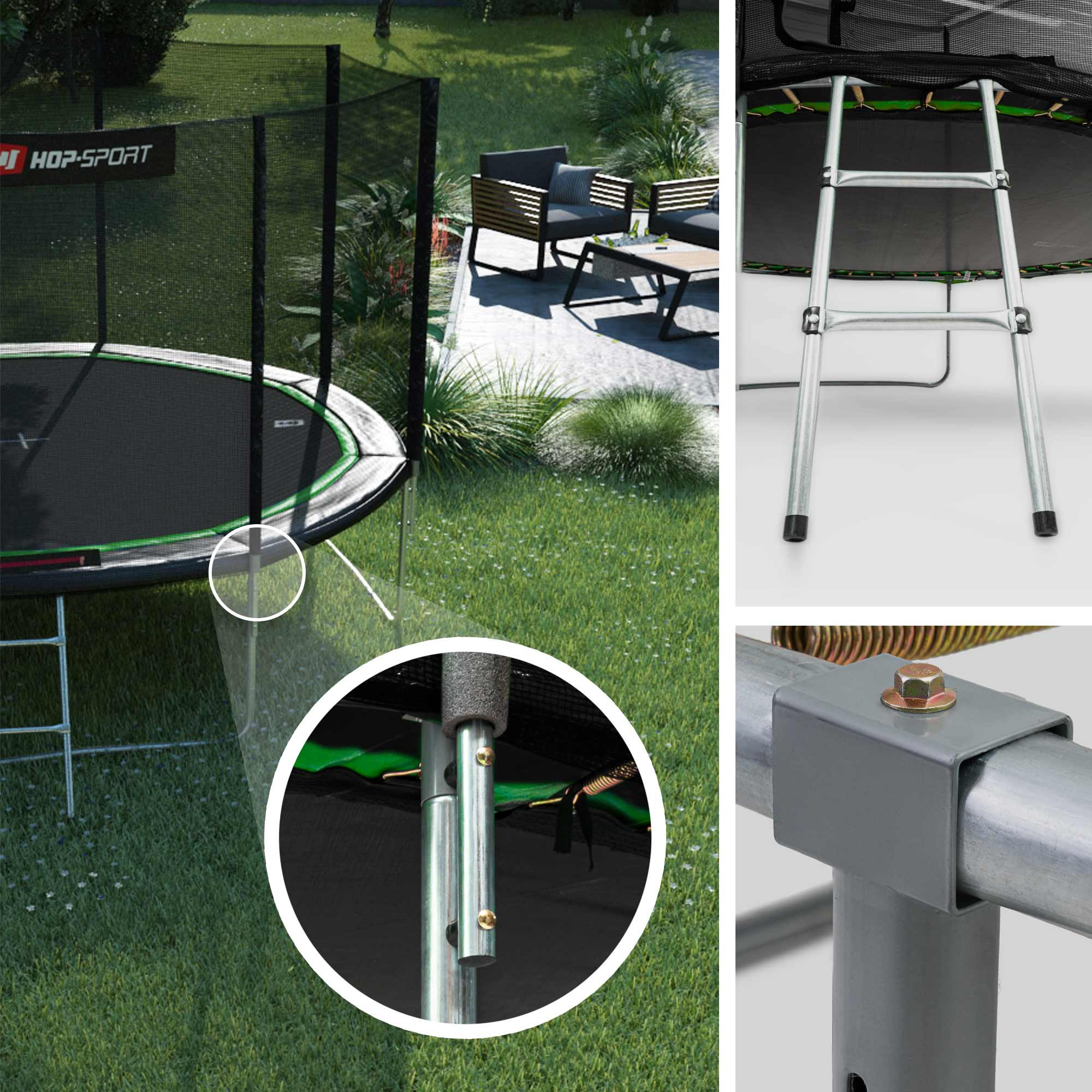 Basisframe van de trampoline gemaakt van hoogwaardig, gegalvaniseerd staal, drie poten voor stabiliteit en stevigheid