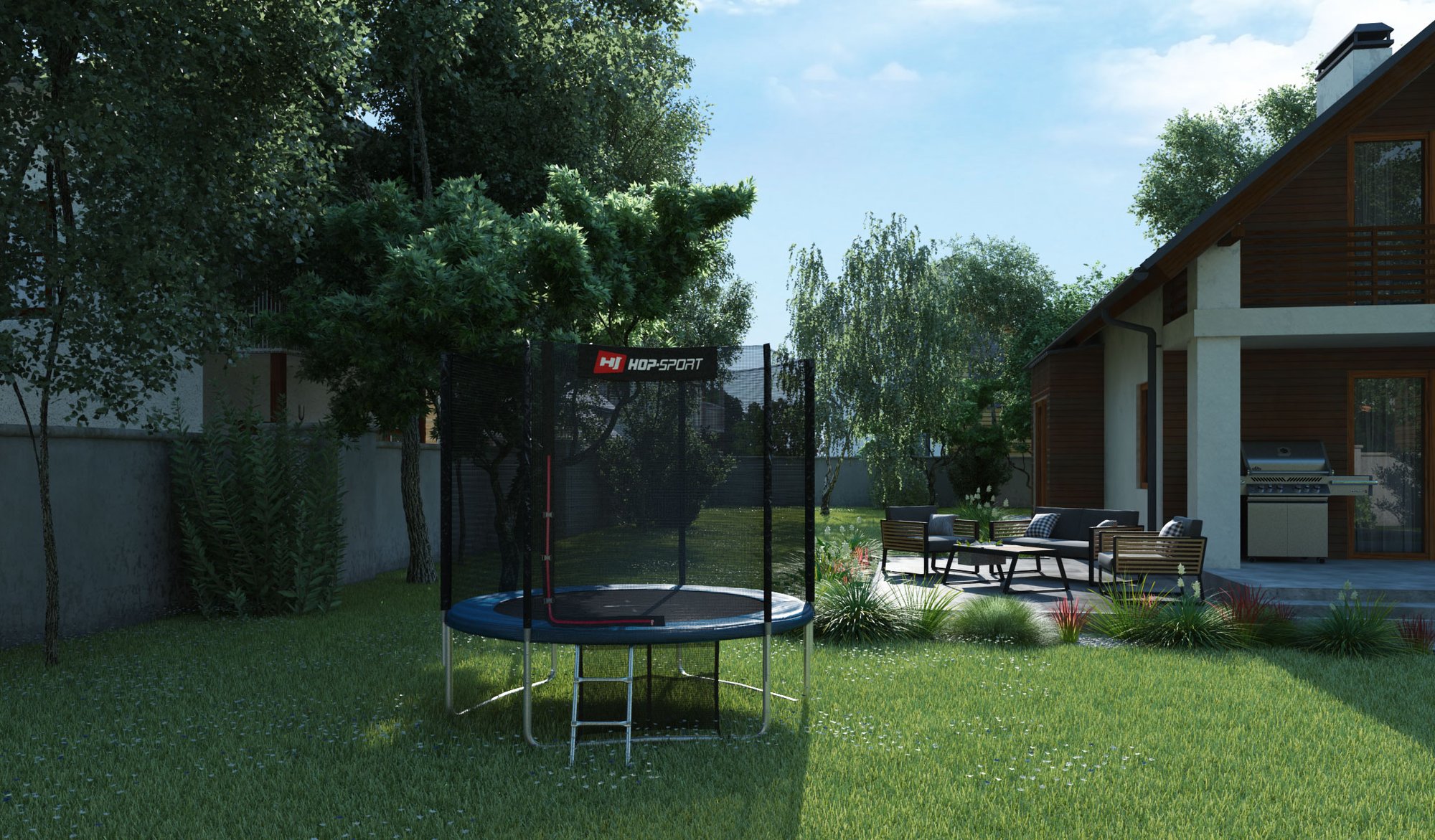 Buiten Trampoline 8FT van Hop-Sport in de tuin