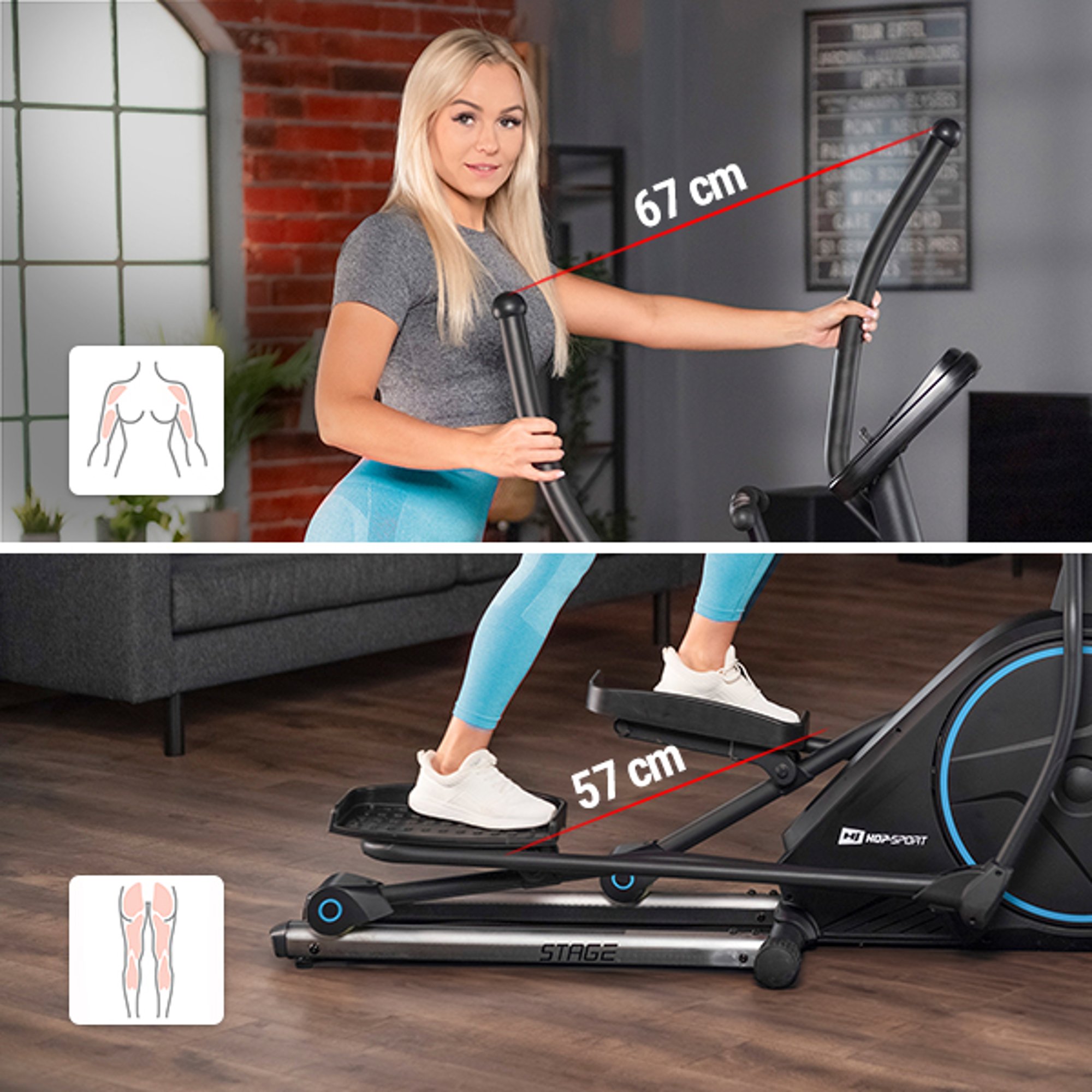 Twee verschillende gripmogelijkheden bij de elliptische trainer 160CF Stage