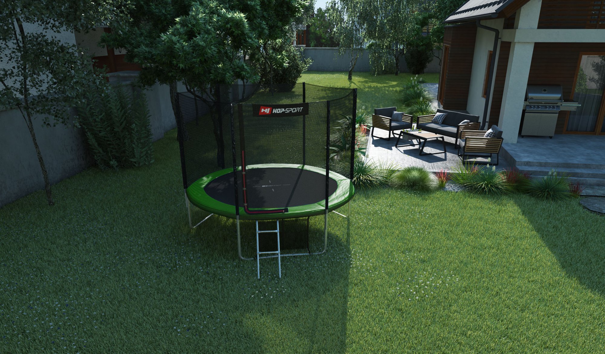 Buitentrampoline 10FT van Hop-Sport in de tuin