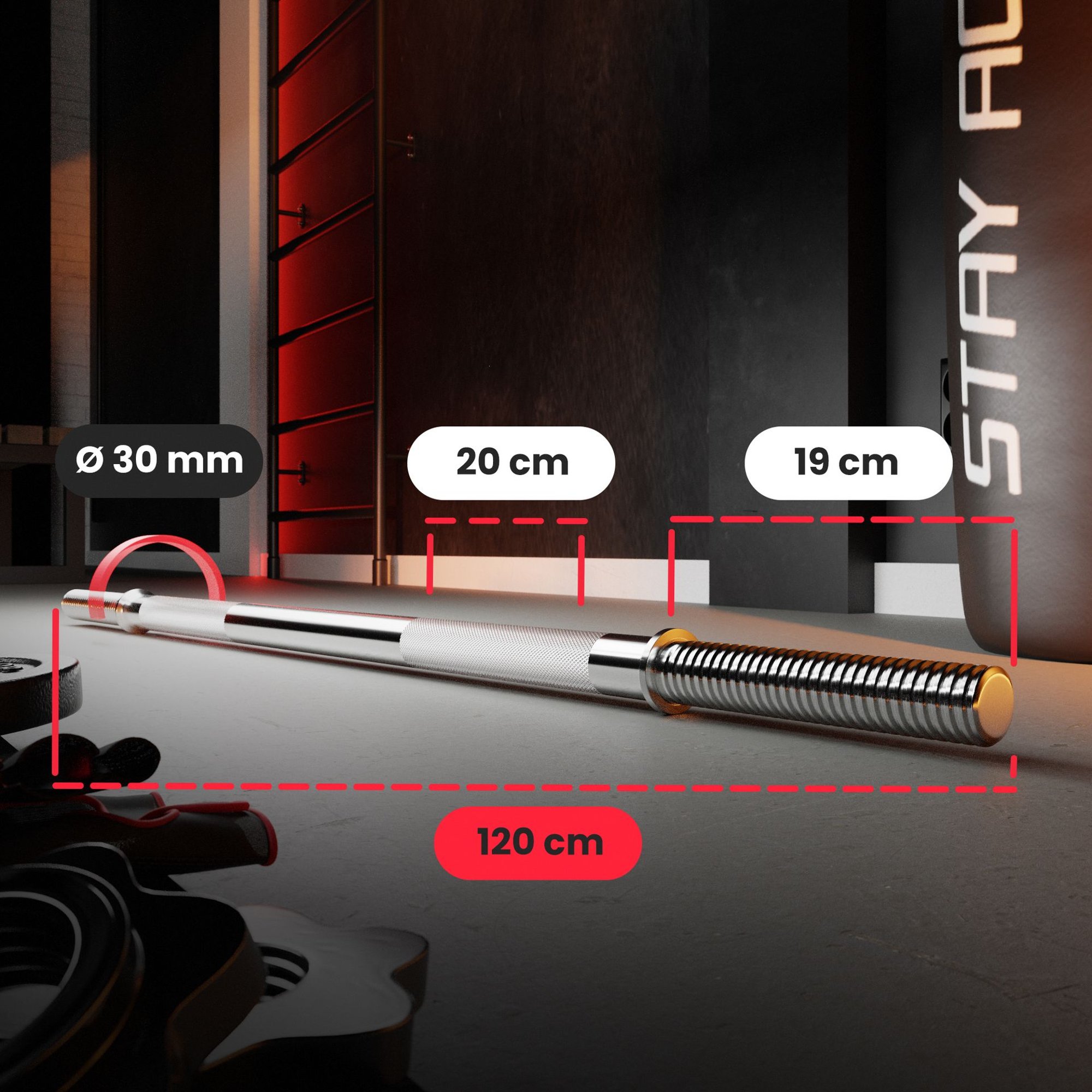 Afmetingen halterstang 120 cm met gewicht- en belastingsinformatie