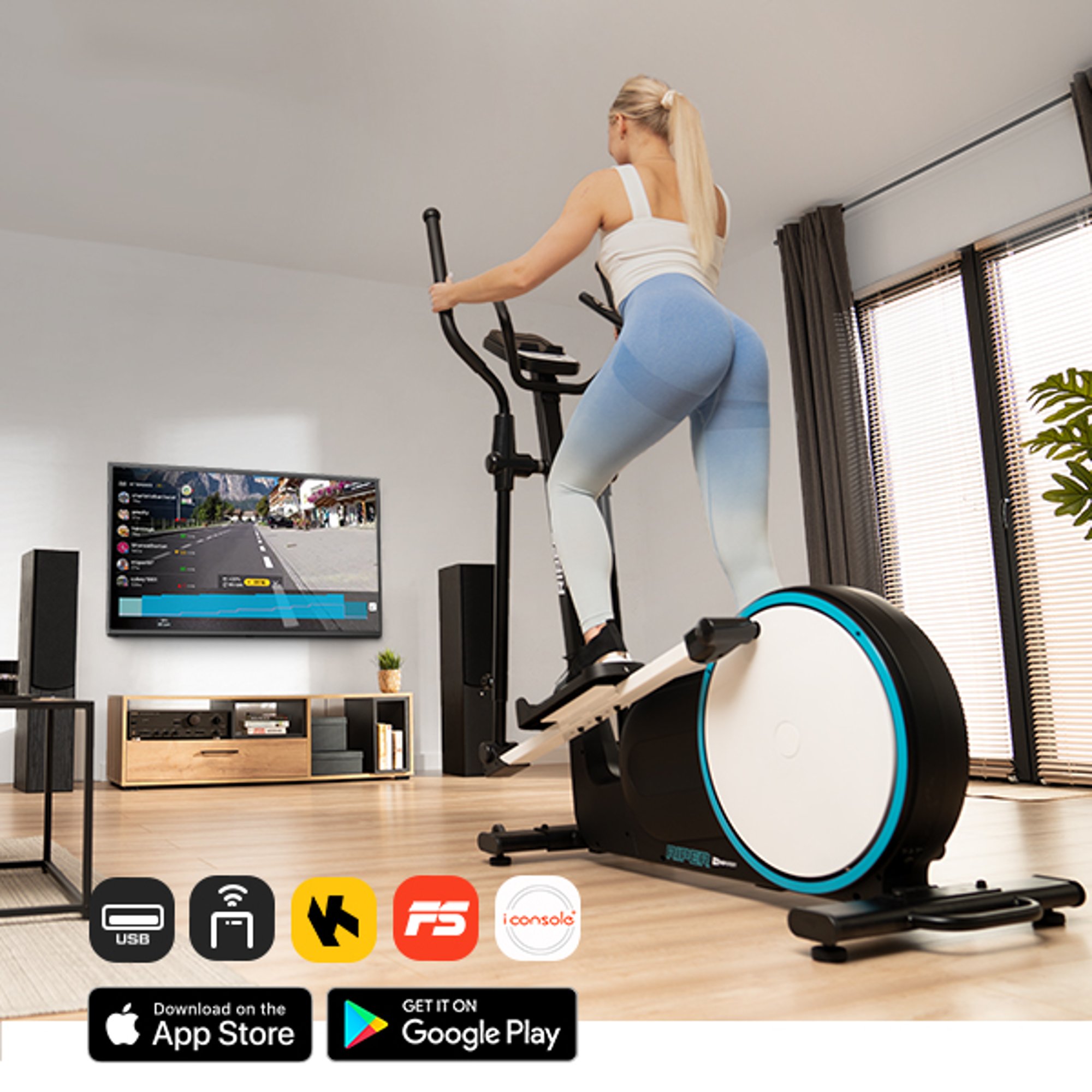 Een modern fitnessapparaat met USB, Bluetooth en applicaties zoals Kinomap of iConsole+