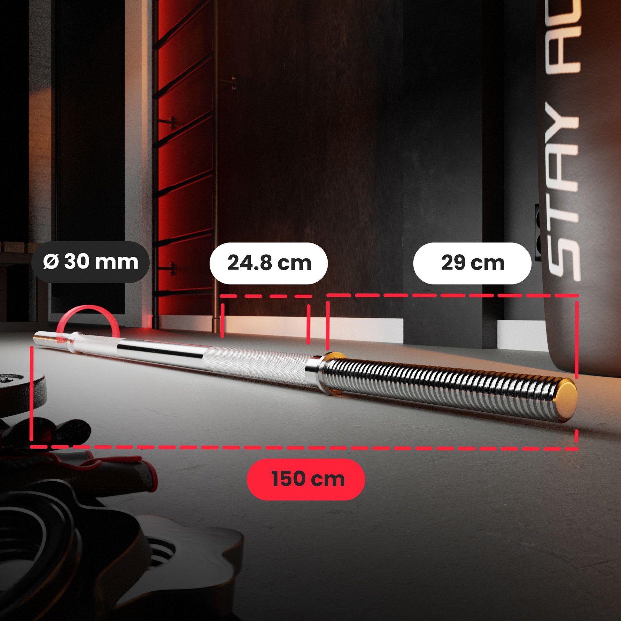 Afmetingen halterstang 150 cm met gewicht- en belastingsinformatie