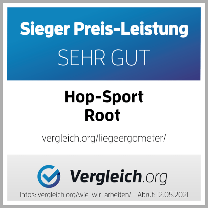 Certificaat van Vergleich.org toont prijs-kwaliteit award voor Hop-Sport Root ligfiets met score 'zeer goed'