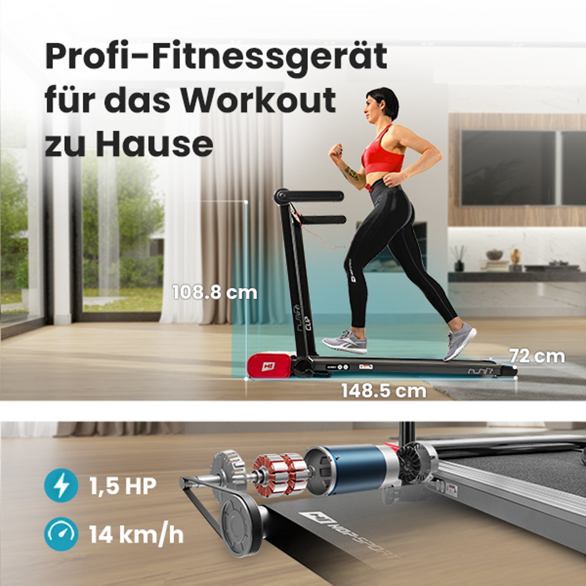 Loopband HS-900LB Clip - motor met 1,5 pk, loopsnelheid van 0,8 tot 14 km/u 