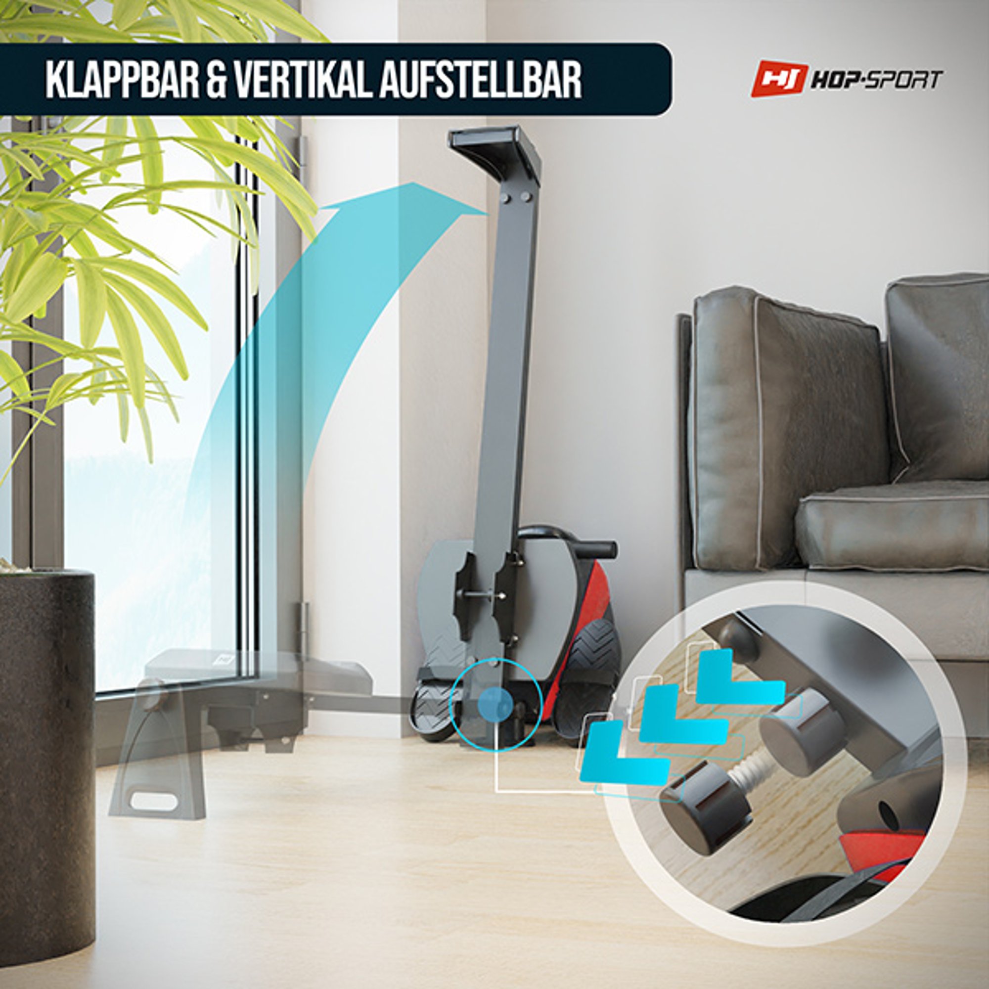 Opvouwsysteem en transportwielen bij Roeimachine 030R Boost Rood