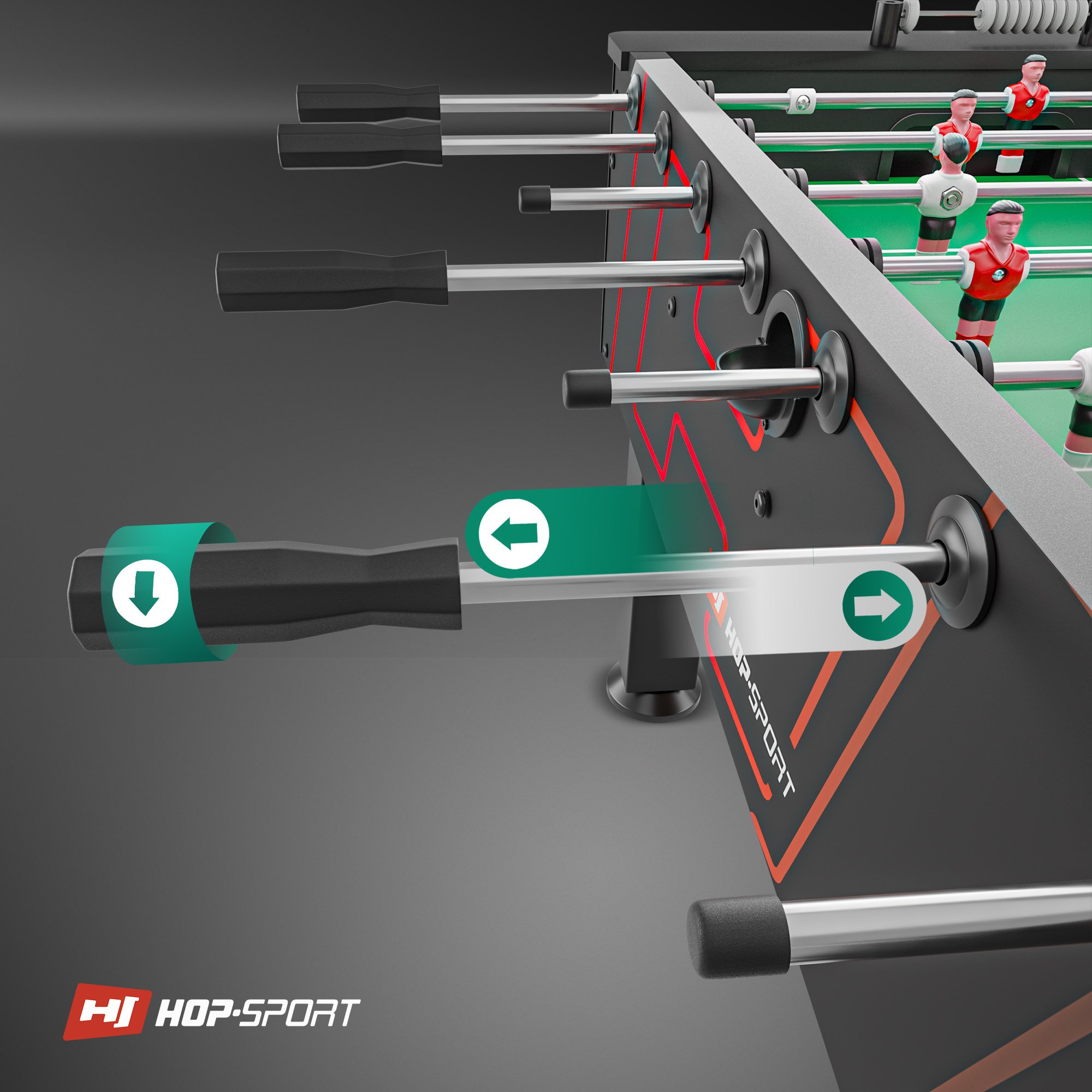 Ergonomische vorm van de handgrepen van duurzaam rubber bij de Tafelvoetbal Evolution van Hop-Sport