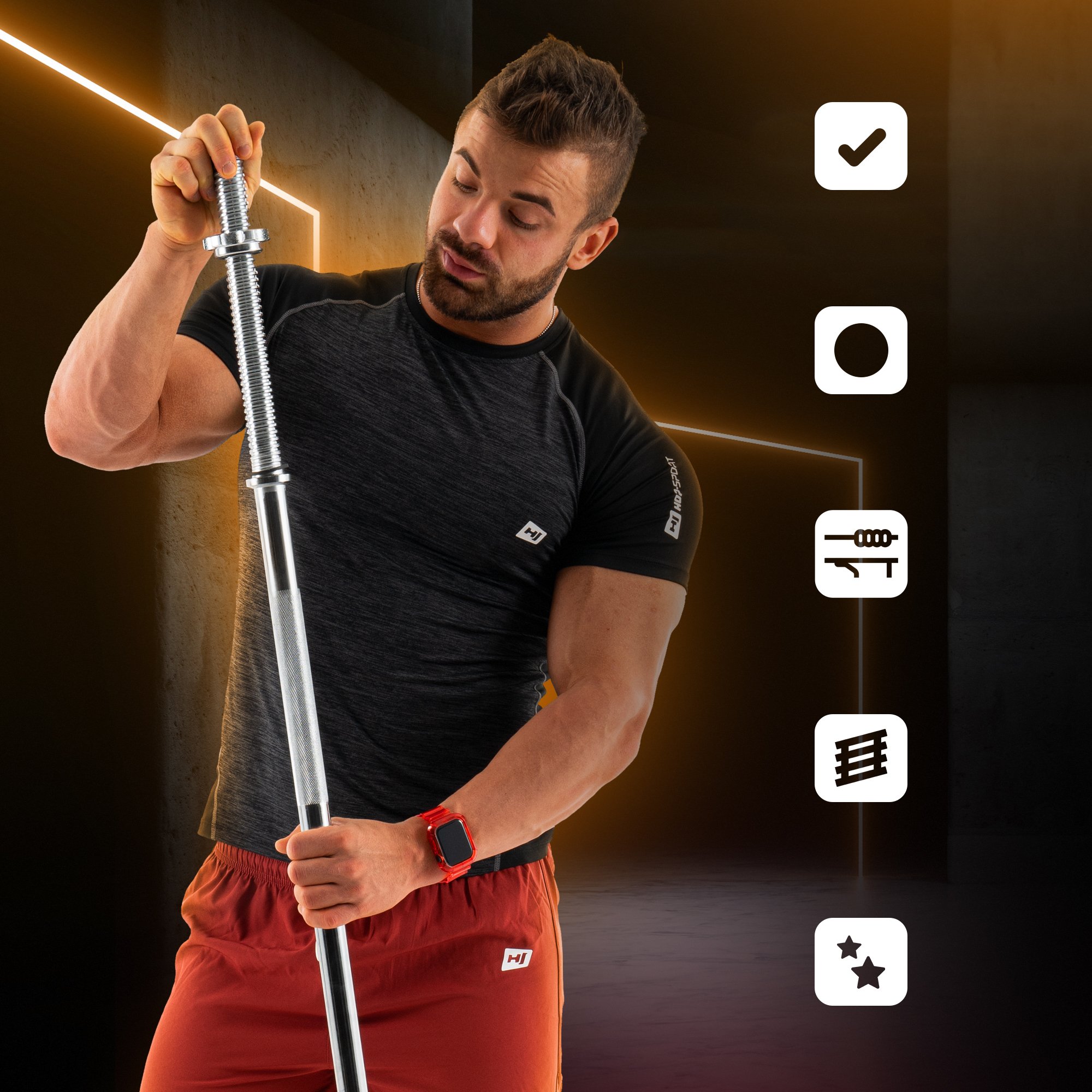 Halterstang met antislipgrepen, schroefsluiting en duurzame afwerking – ideaal voor thuisfitness