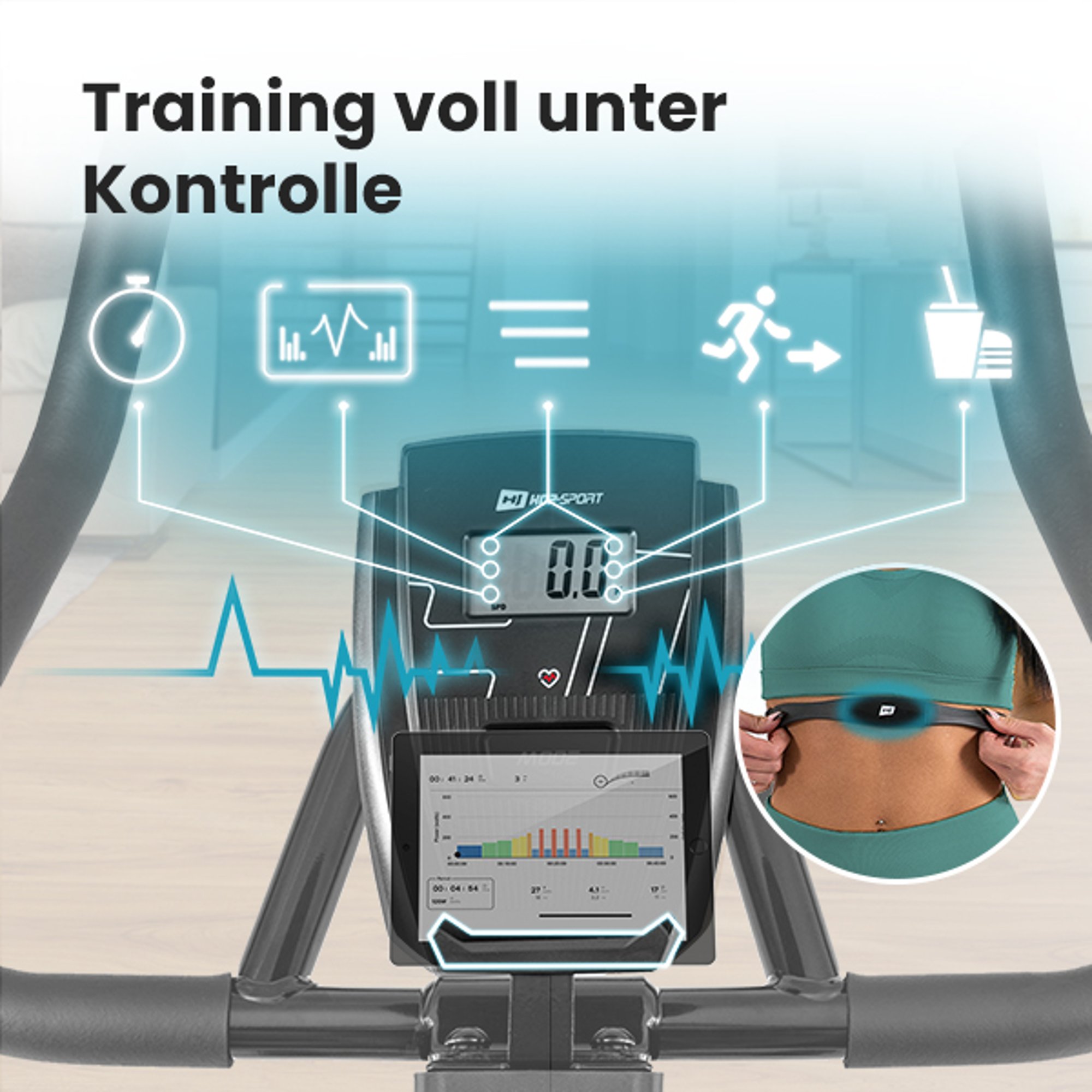 Multifunctionele trainingscomputer met alle belangrijke parameters bij Indoor Bike HS-045ic Bravo