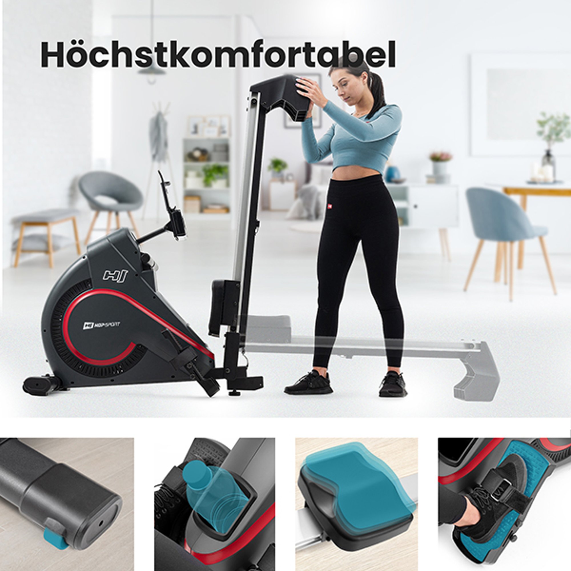 Opvouwsysteem en transportwielen bij roeimachine 095AR Spike