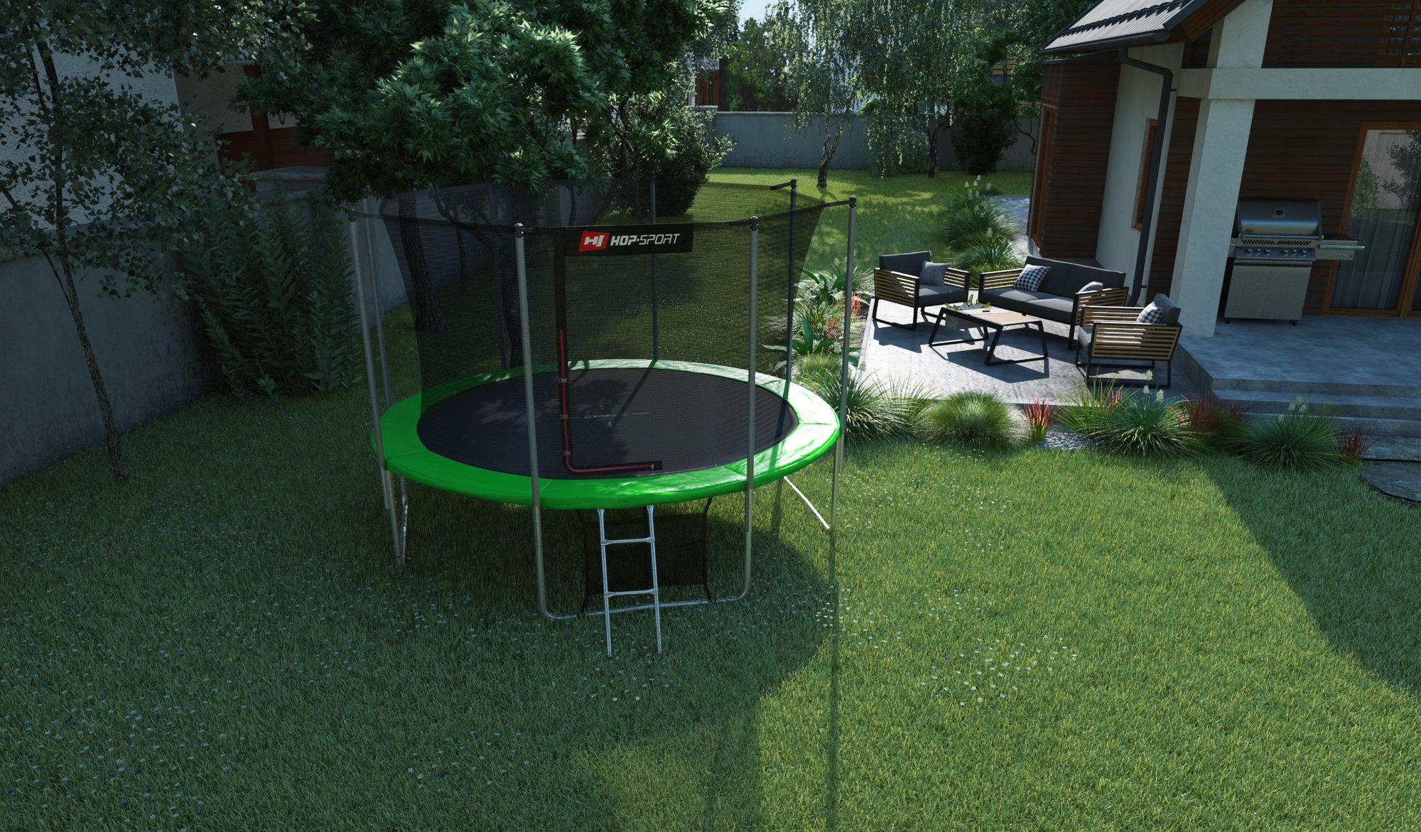 Buitentrampoline 12FT van Hop-Sport in de tuin