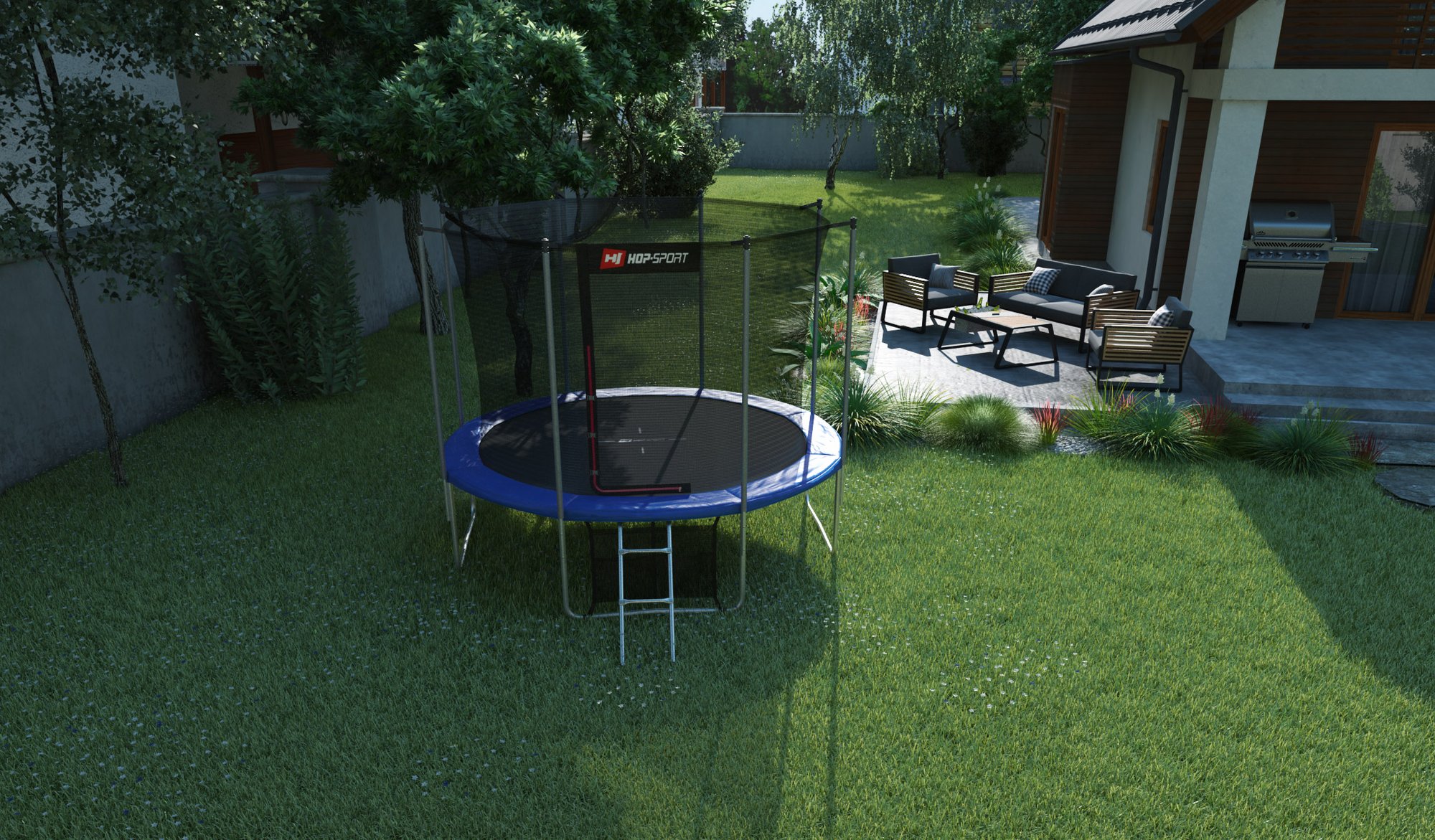 Buiten Trampoline 10FT van Hop-Sport in de tuin