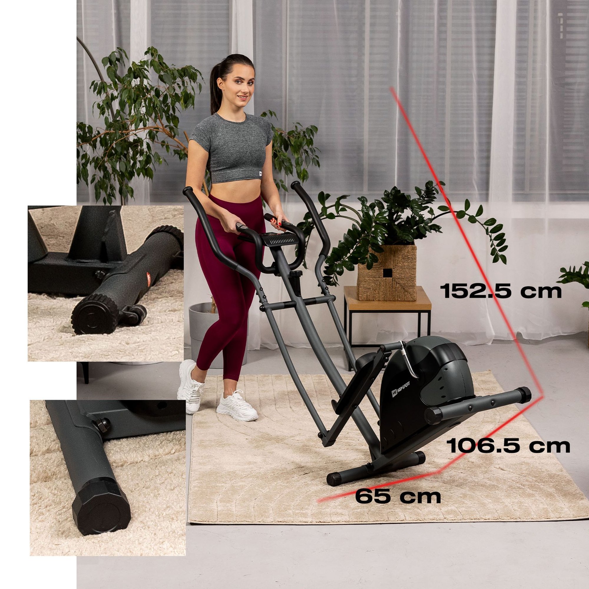 Crosstrainer uitgerust met twee ingebouwde transportwielen