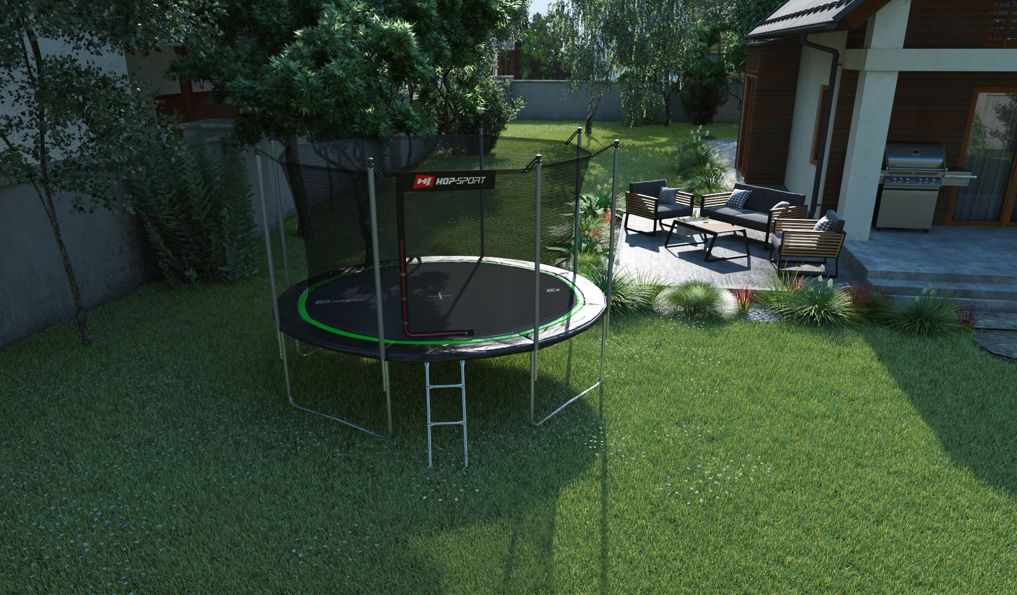 Buitentrampoline 12FT van Hop-Sport in de tuin