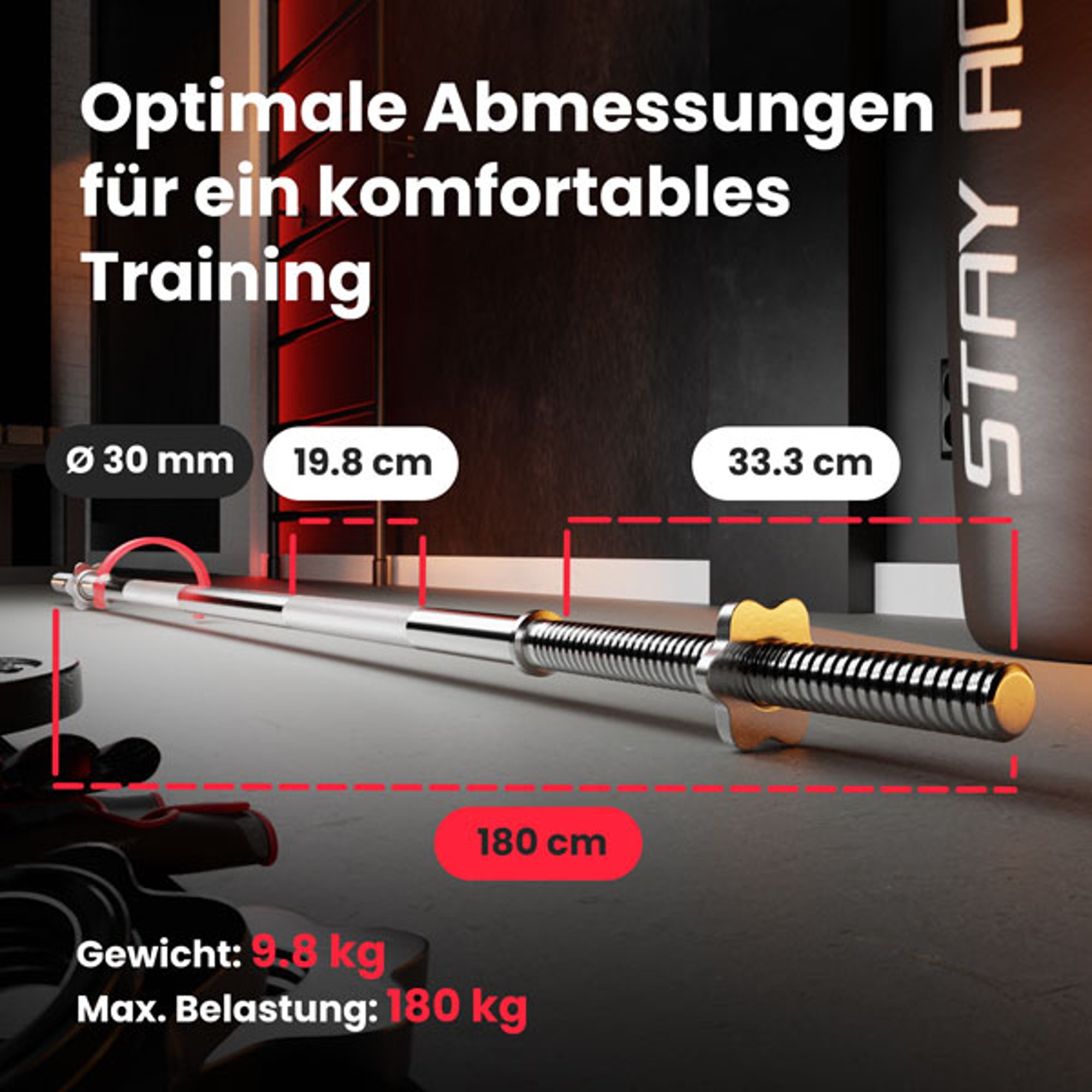 Halterstang 180 met afmetingen en gewichtsaanduidingen