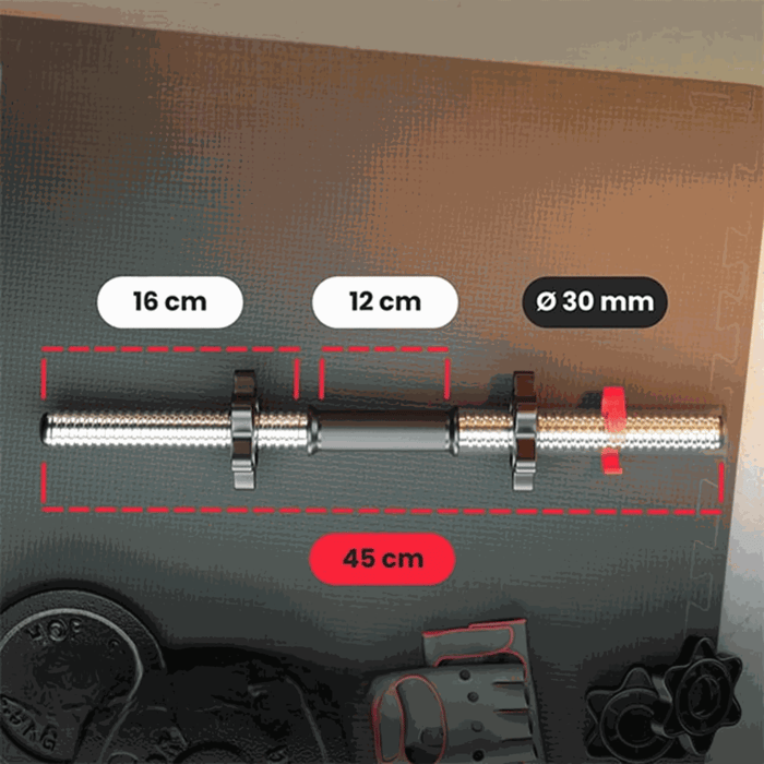 Afmetingen van de korte halterstang 45 cm met gewicht- en belastingsgegevens