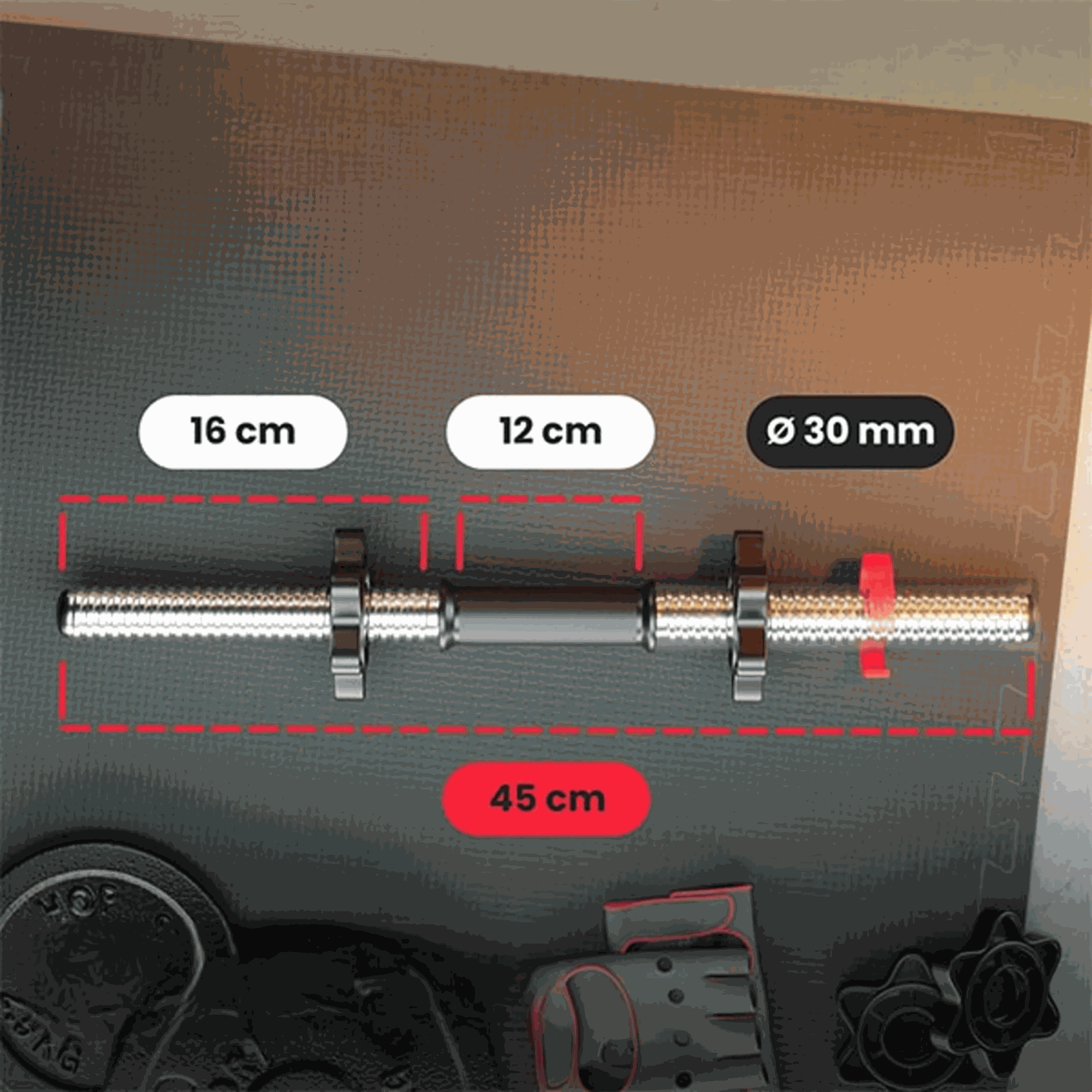 Afmetingen van de Korte Halterstang 45 cm met gewicht- en belastingsinformatie