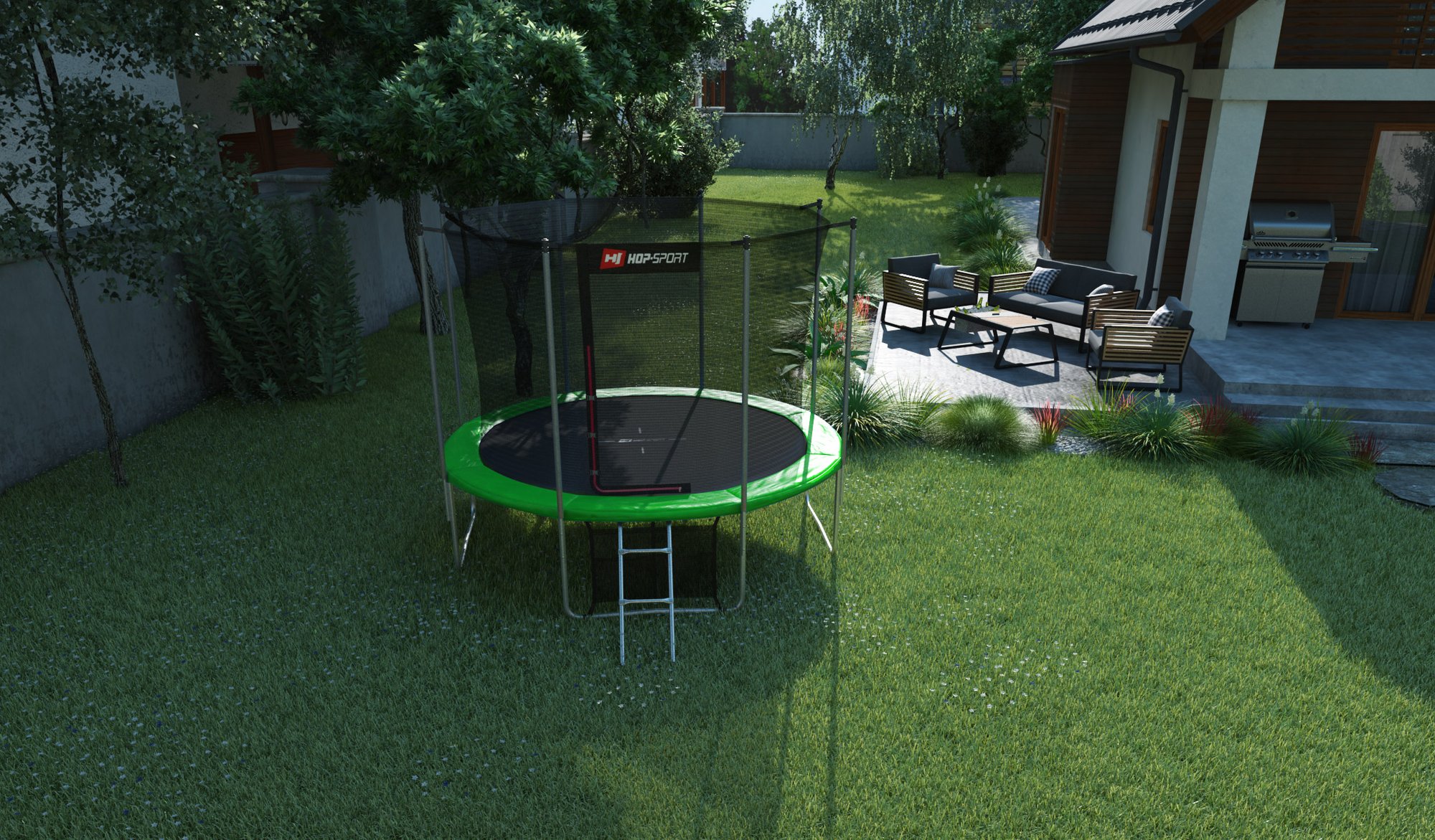 Buitentrampoline 10FT van Hop-Sport in de tuin
