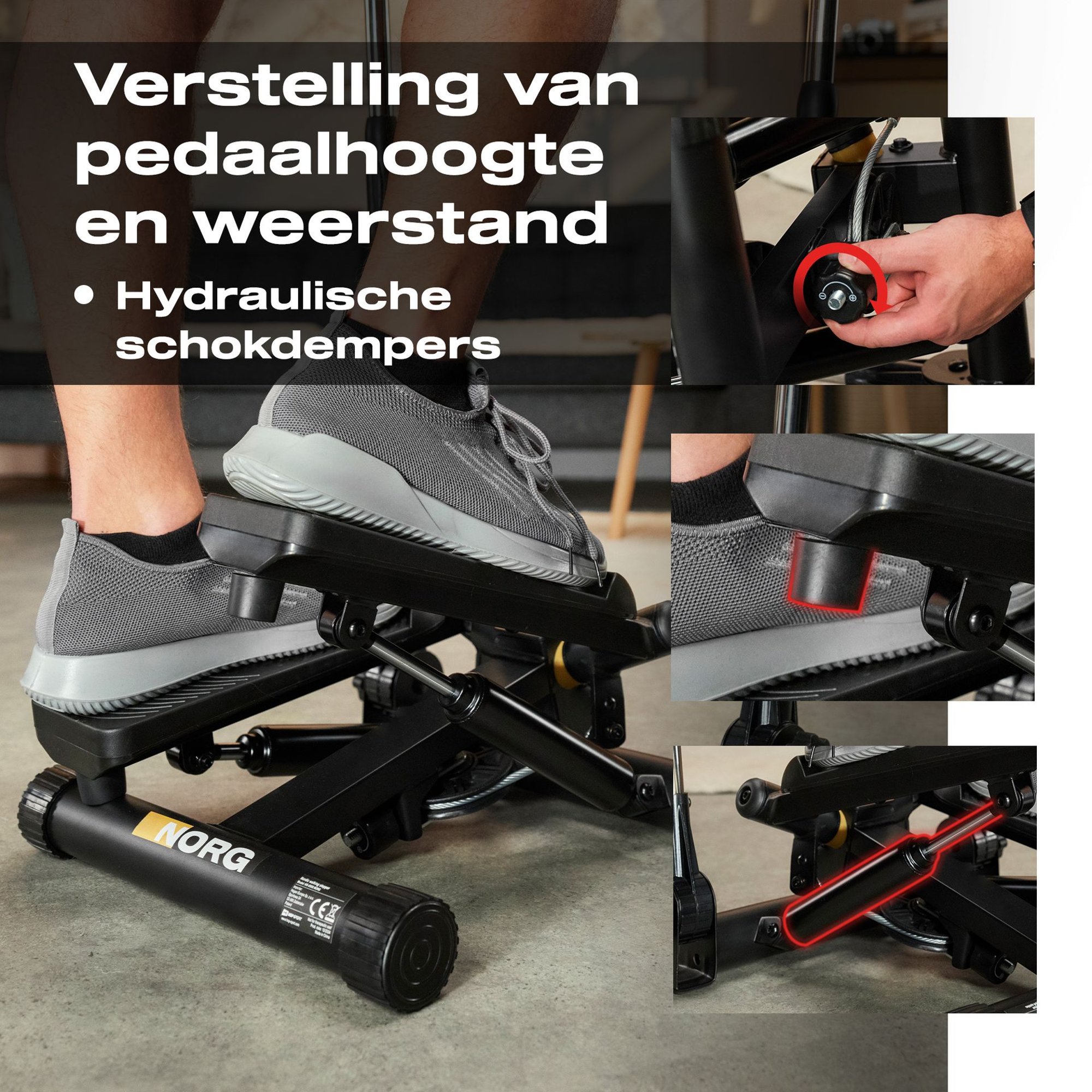 Close-up van de HS-050S Norg stepper met hydraulische dempers en verstelbare pedalen.