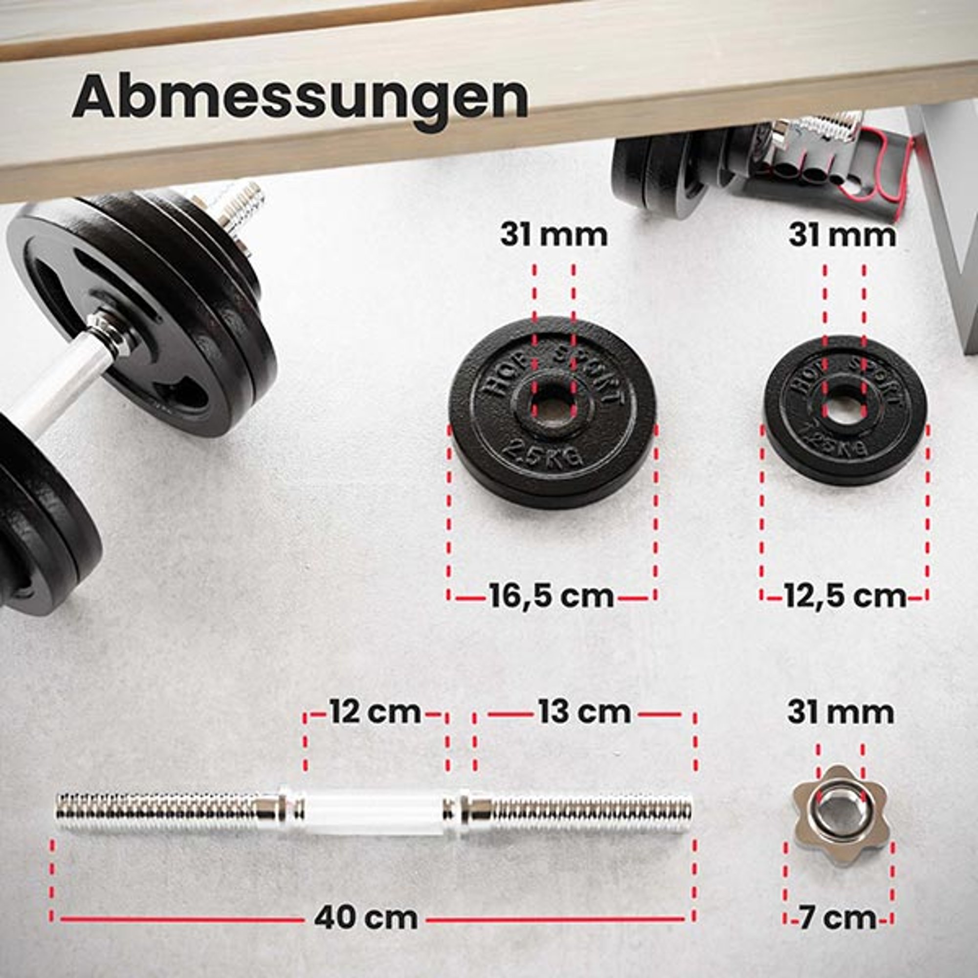 Afmetingen van 2 gewichten, halterstang en sluitingen