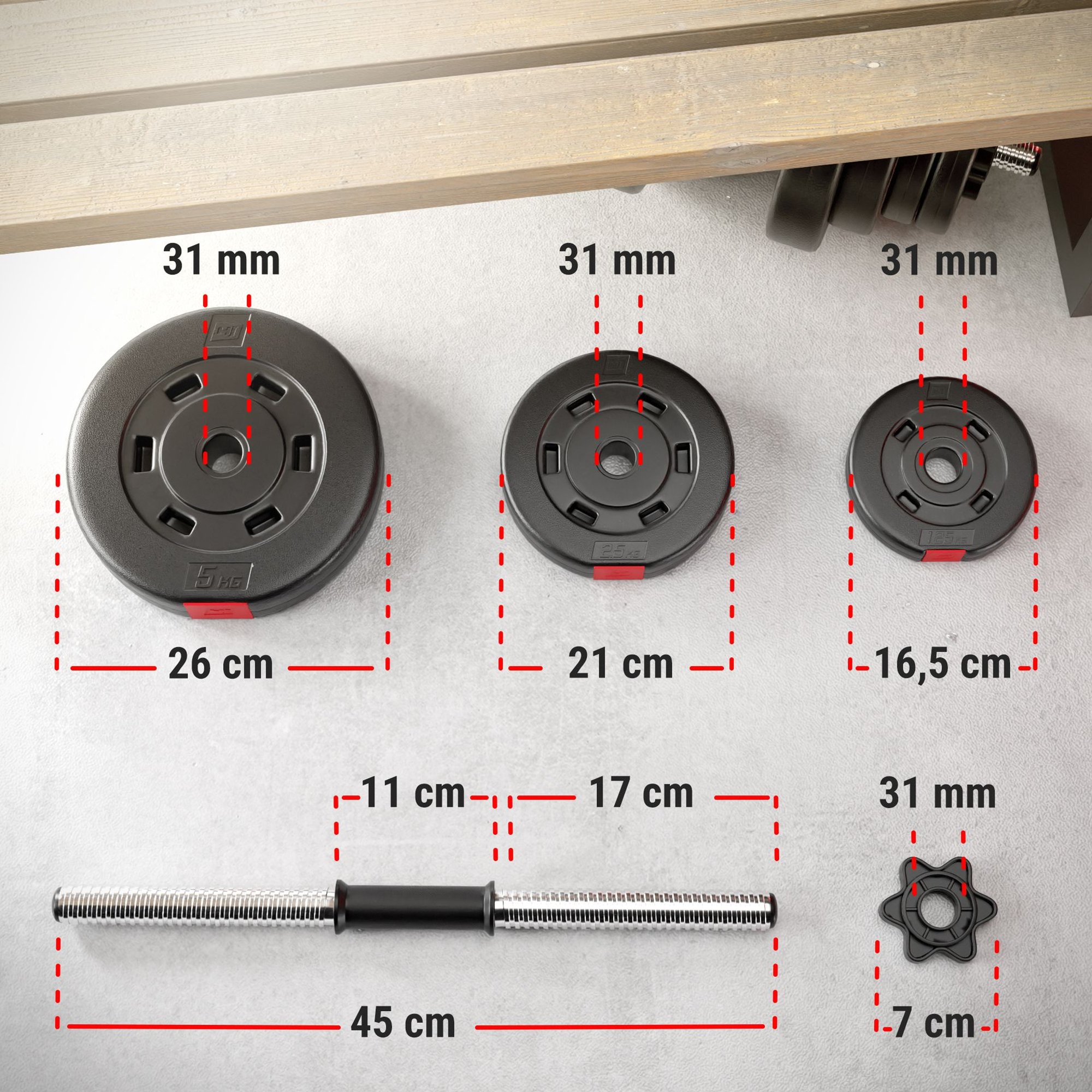 Exacte afmetingen van halterstang en gewichten 1 x 20 kg