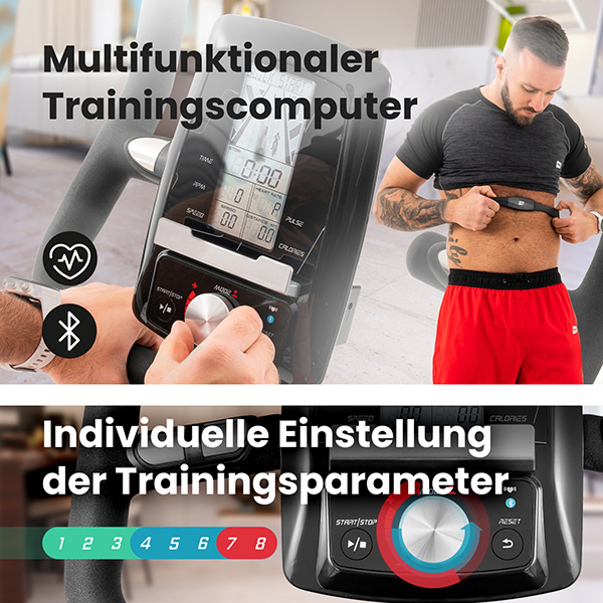 Technologisch geavanceerde trainingscomputer en de draaiknop voor het instellen van het prestatieniveau