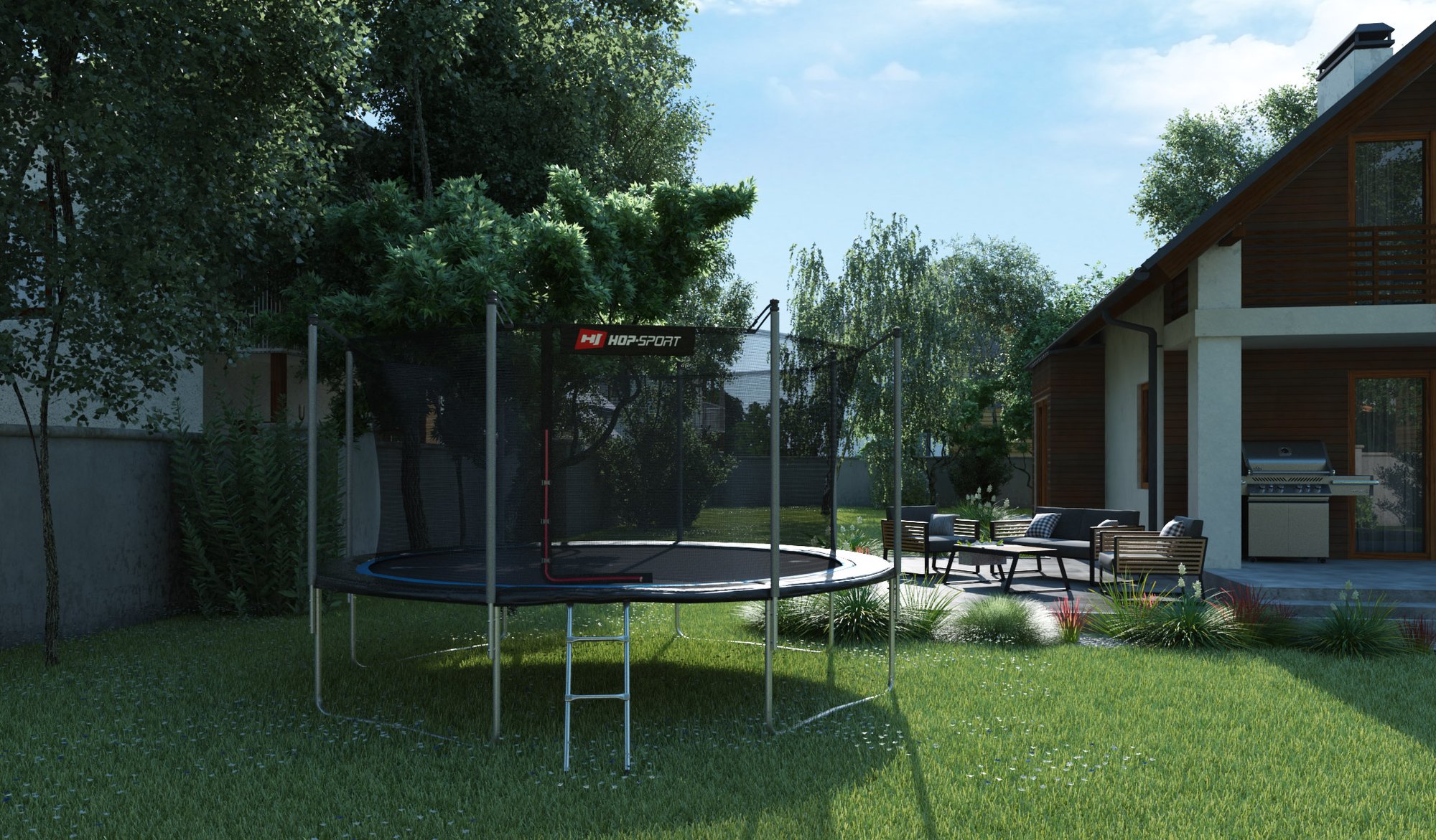 Buiten Trampoline 14 FT van Hop-Sport in de tuin