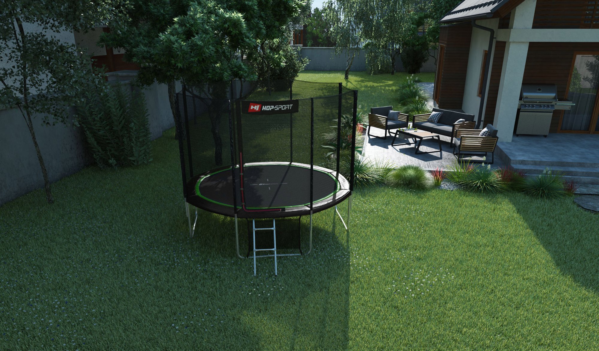 Buiten Trampoline 10FT van Hop-Sport in de tuin