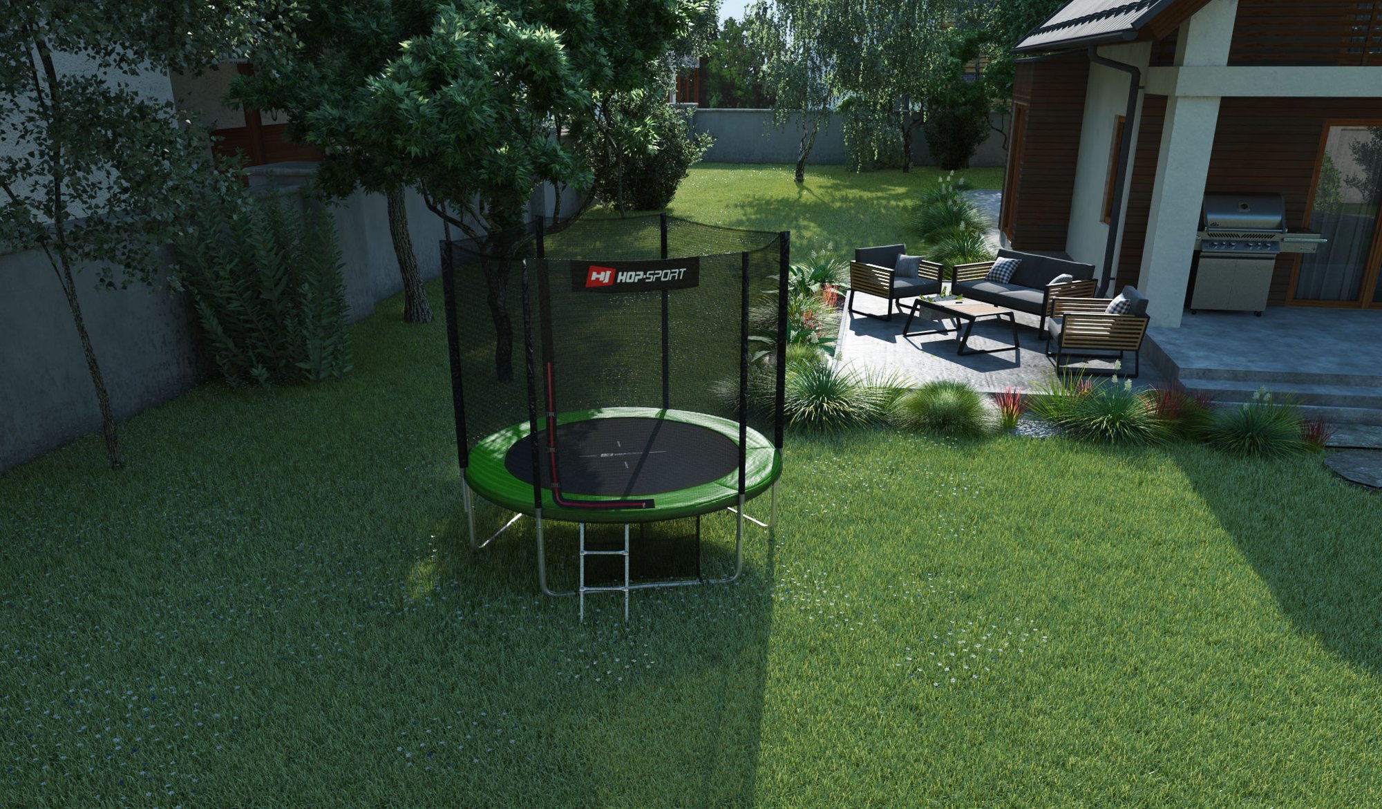 Buitentrampoline 8FT van Hop-Sport in de tuin